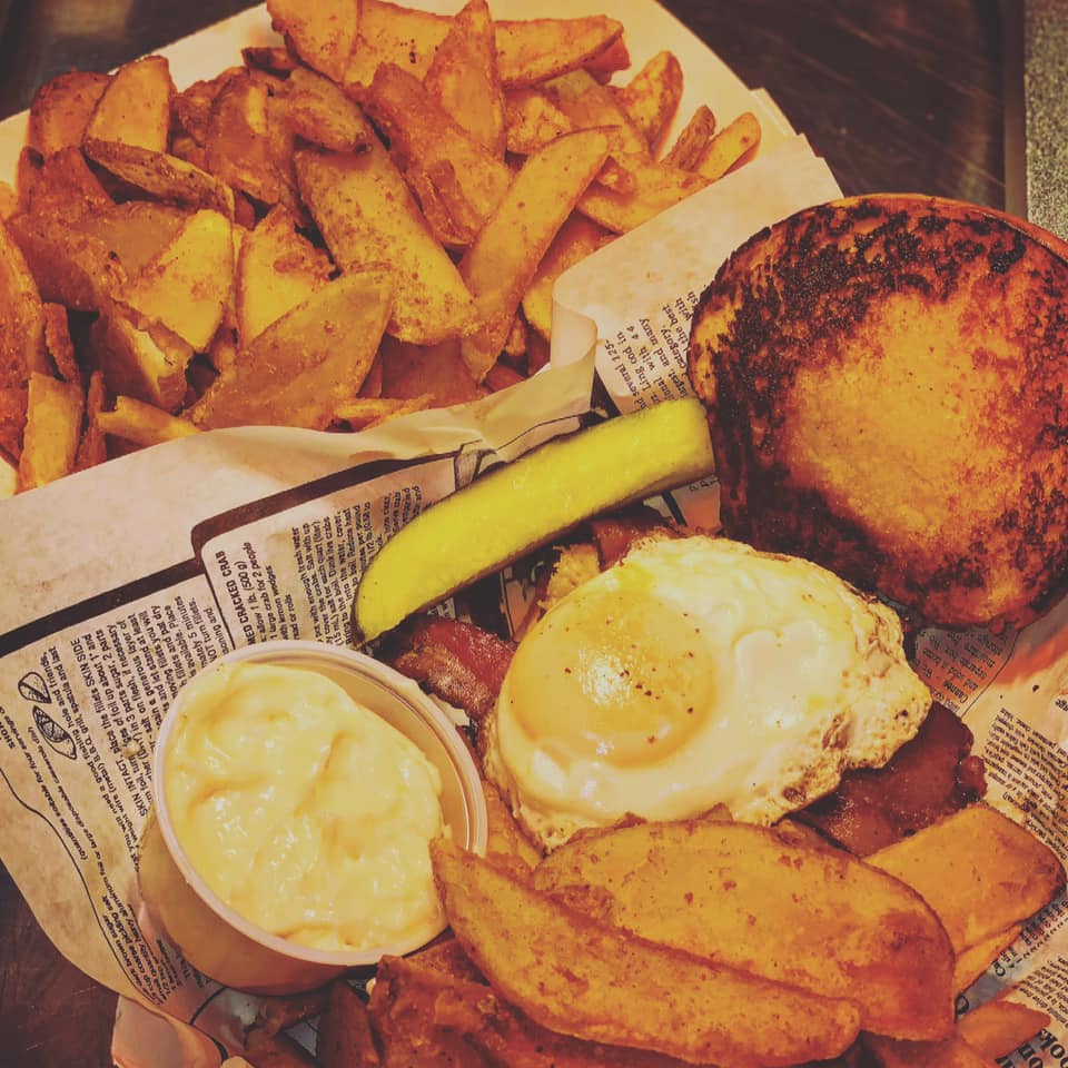 Order The Hangover Burger w/ seasoned house fries and a pickle food online from Dunny's Saloon store, Fall River on bringmethat.com