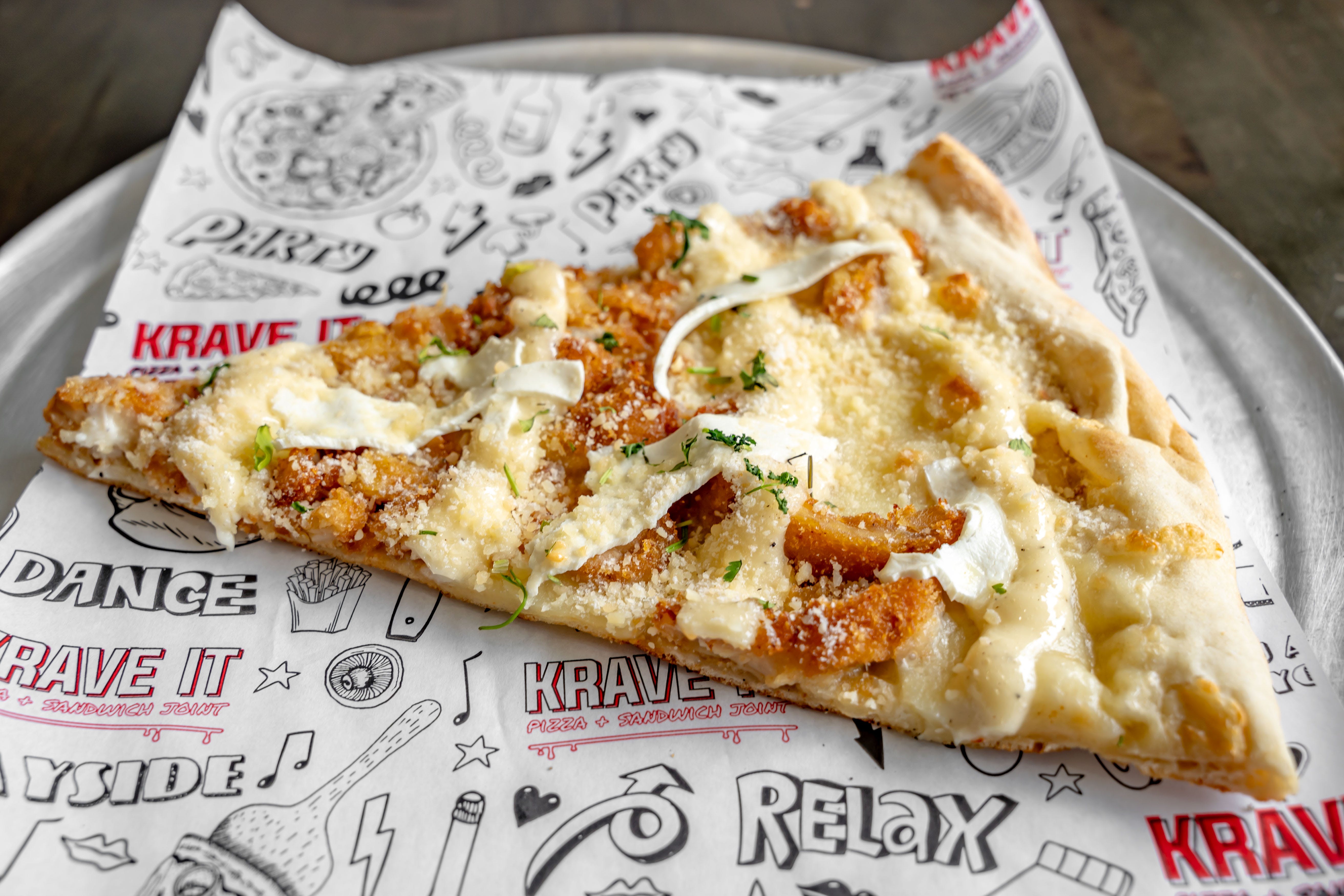 Order White Truffle Chicken Pizza Slice - Slice food online from Krave It Sandwich Shop and Eatery store, Bayside on bringmethat.com