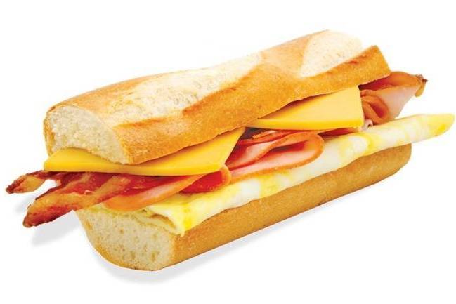 Order #82 Ham, Bacon, Egg, and Cheese on Baguette food online from Lee Sandwiches store, Hawaiian Gardens on bringmethat.com