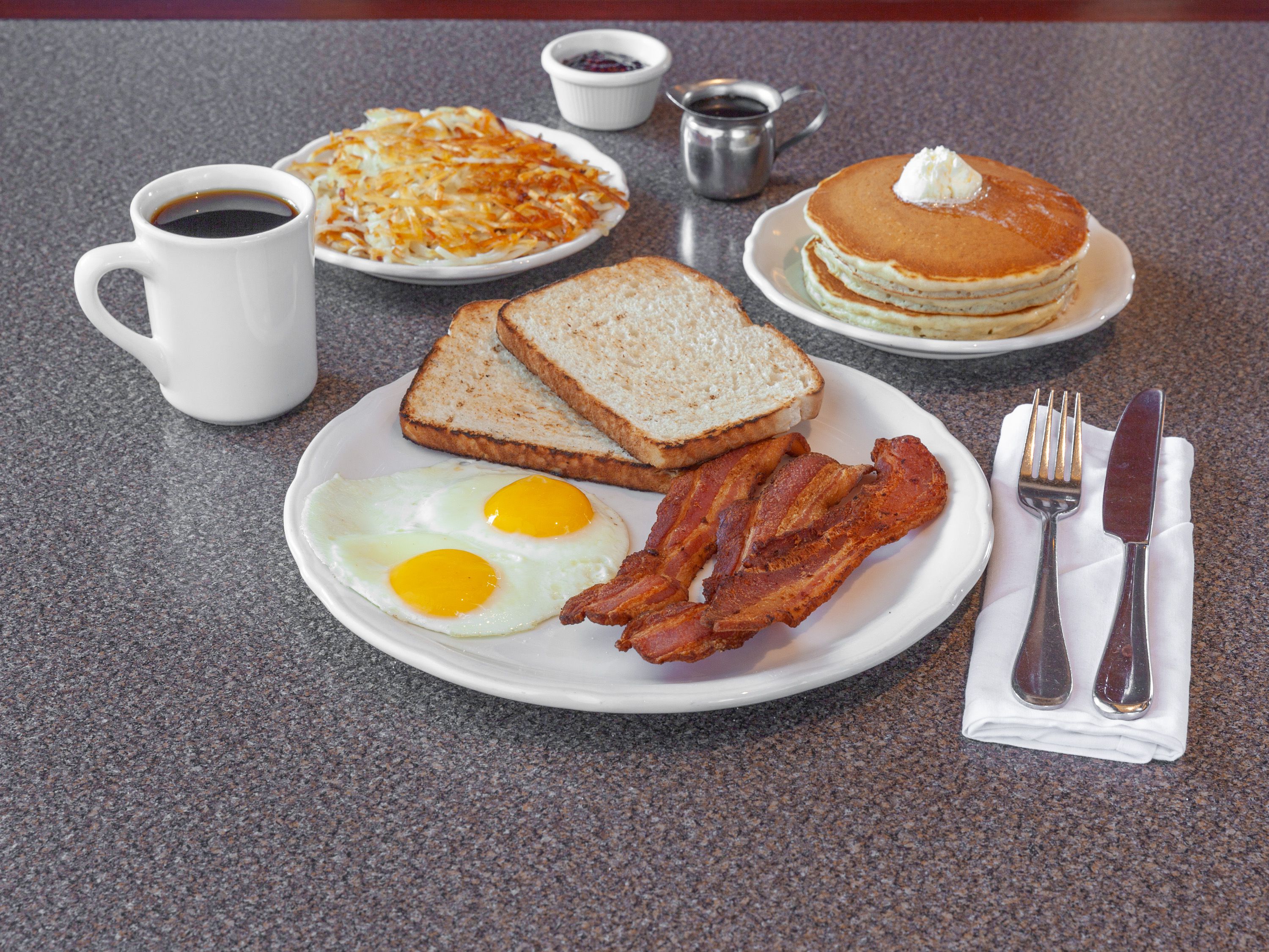 Order Canadian Bacon and Eggs Combo food online from Richard Walker's Pancake House store, Crystal Lake on bringmethat.com
