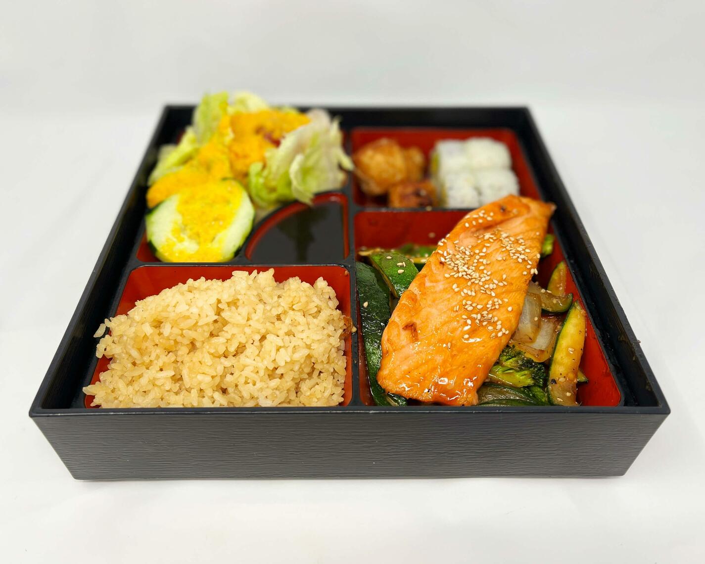 Order Bento Salmon food online from Mad Fish Sushi & Hibachi Grill store, Summerville on bringmethat.com