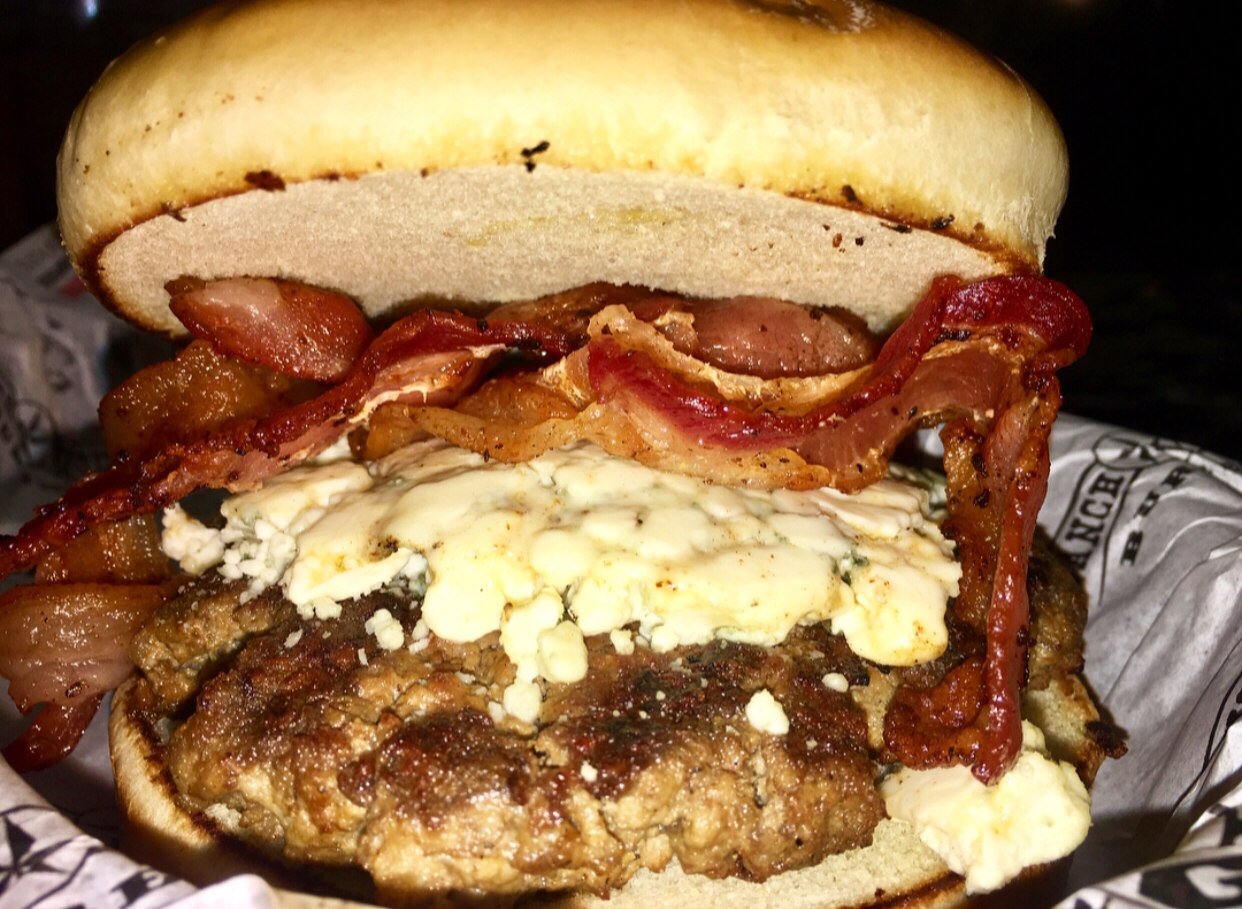 Order Bleu Cheese Bacon Burger (1/2 lb.) food online from Ranch House Burgers II store, Mission on bringmethat.com