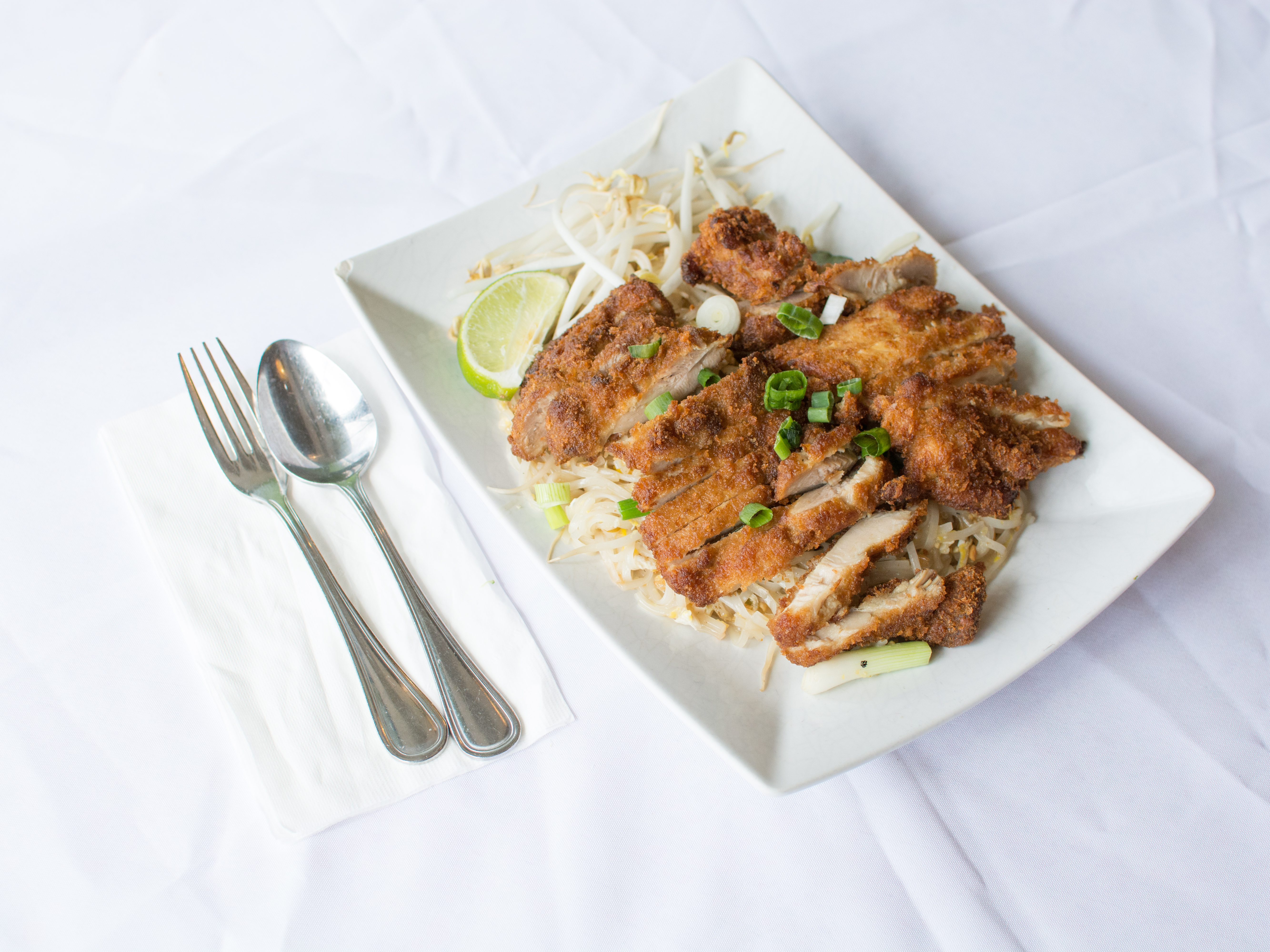Order SN3. Pad Thai with Crispy Chicken food online from Dokbua Thai Kitchen store, Brookline on bringmethat.com