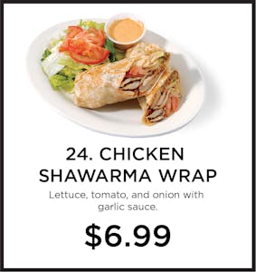Order 24. Chicken Shawarma Wrap food online from Mystic Grill store, La Mesa on bringmethat.com