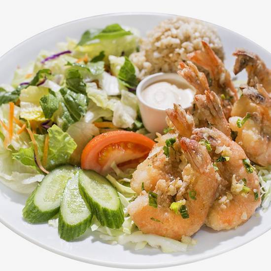 Order Garlic Shrimp Salad Plate food online from L&L Hawaiian Barbecue store, San Diego on bringmethat.com
