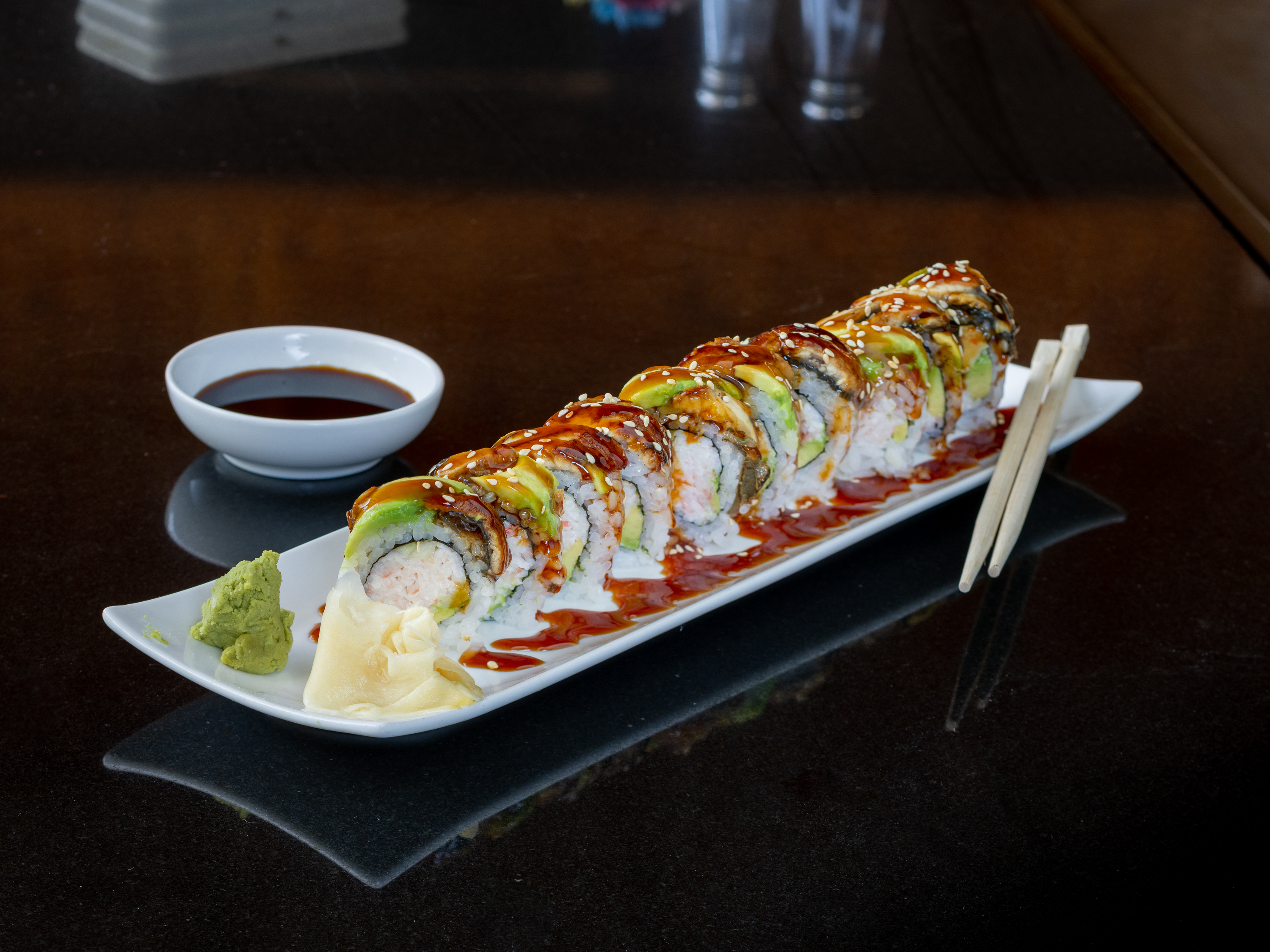 Order 24. Dragon Roll food online from Edohana Hibachi Sushi store, Fort Worth on bringmethat.com