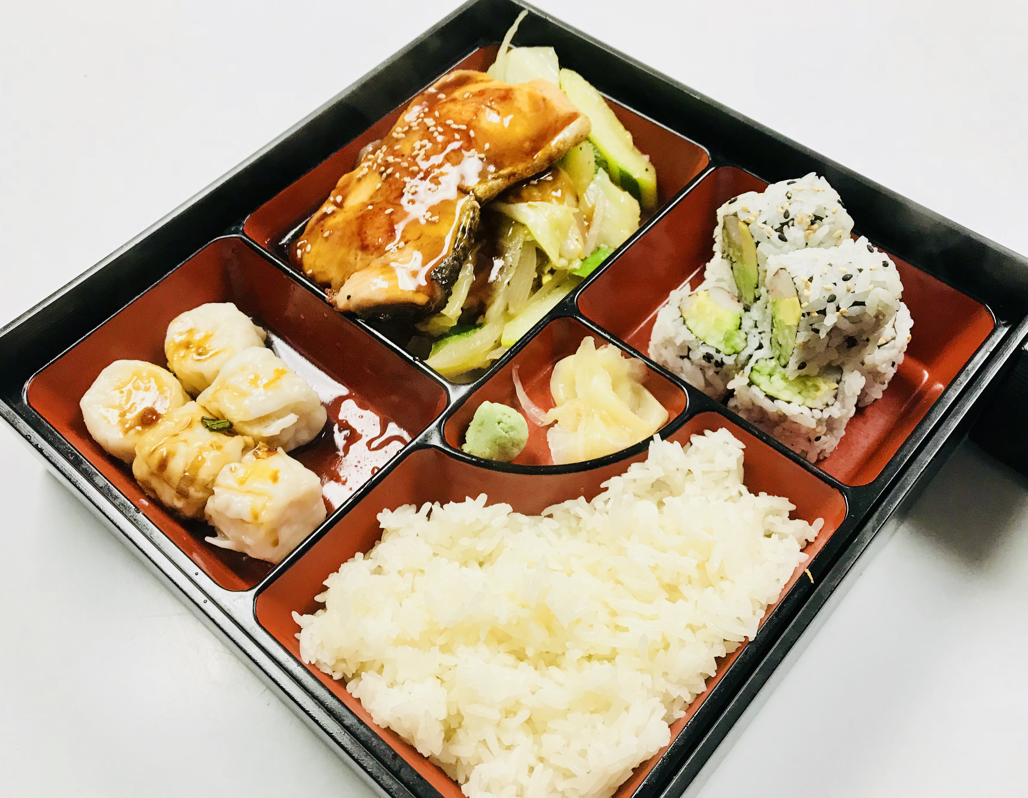 Order 18. Salmon Teriyaki Dinner Bento Box food online from Teng Da Asian Fusion store, Jenkintown on bringmethat.com