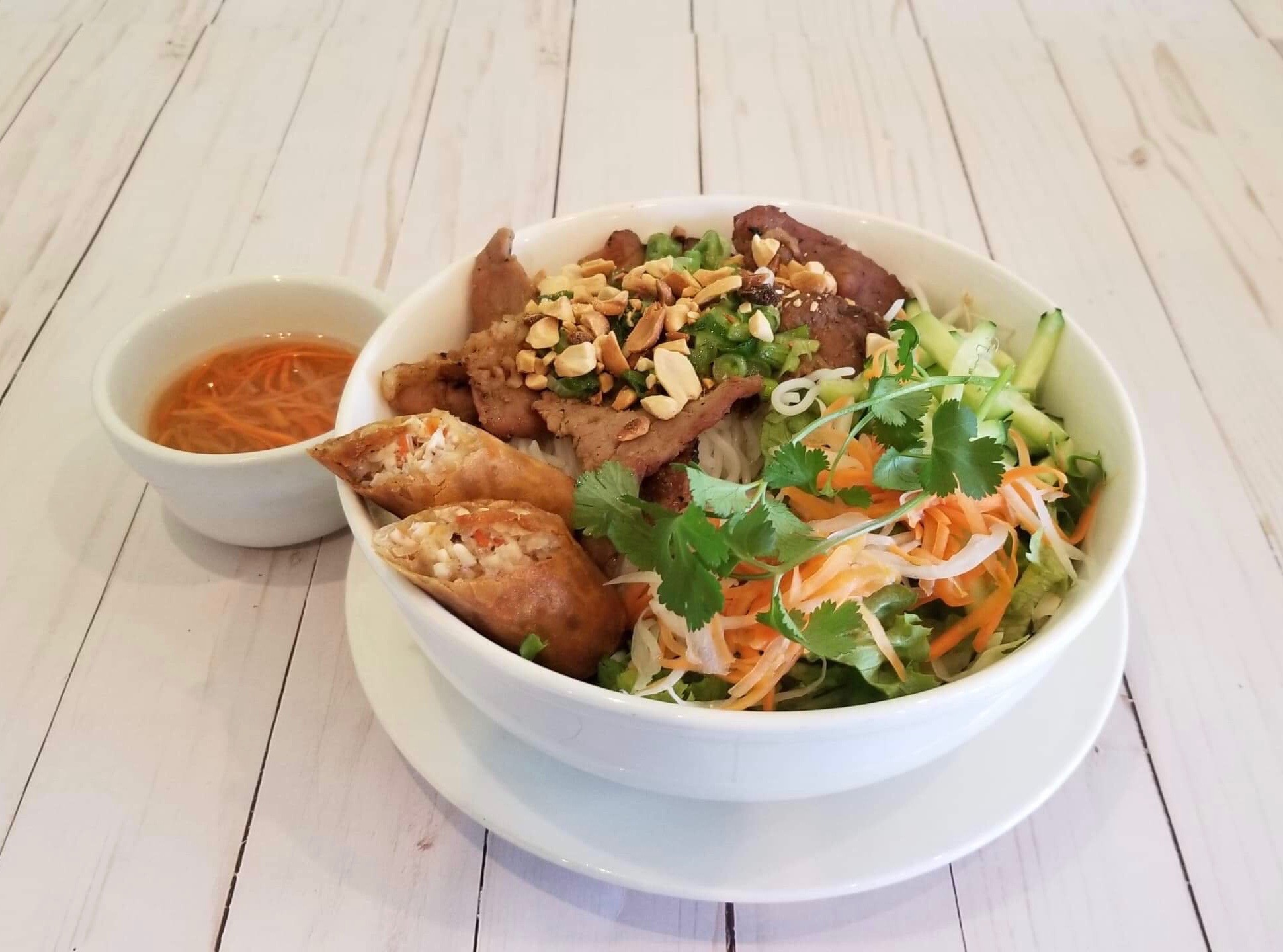 Order Grilled Pork Rice Vermicelli with Crispy Egg Roll food online from V-Nam Pho store, Surprise on bringmethat.com