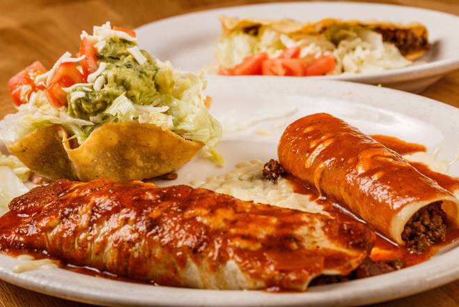 Order K. Burrito, Chalupa, Taco & Enchilada Combo food online from Los Tres Amigos Mexican Restaurant store, Slidell on bringmethat.com