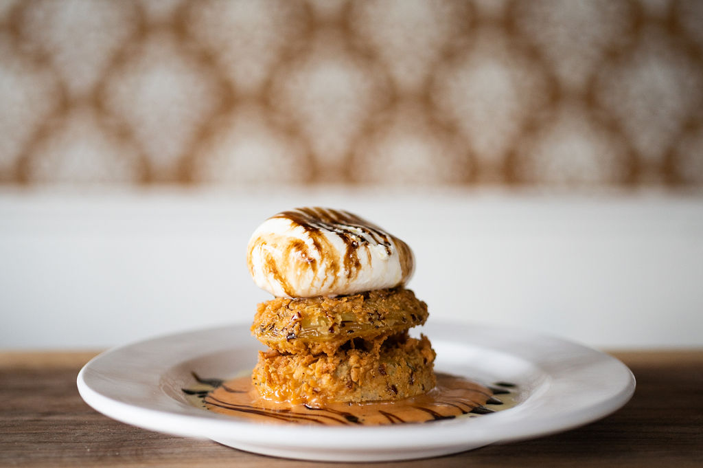 Order Fried Green Tomato Tower food online from Southern Cross Kitchen store, Conshohocken on bringmethat.com