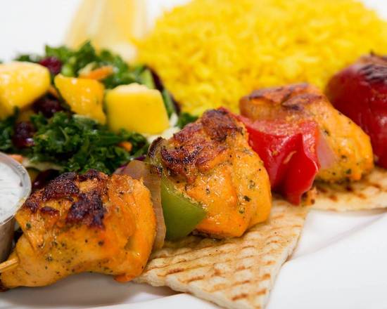 Order Juicy Saffron Chicken Kabob Plate food online from George's Greek Grill-Fig at 7th store, Los Angeles on bringmethat.com