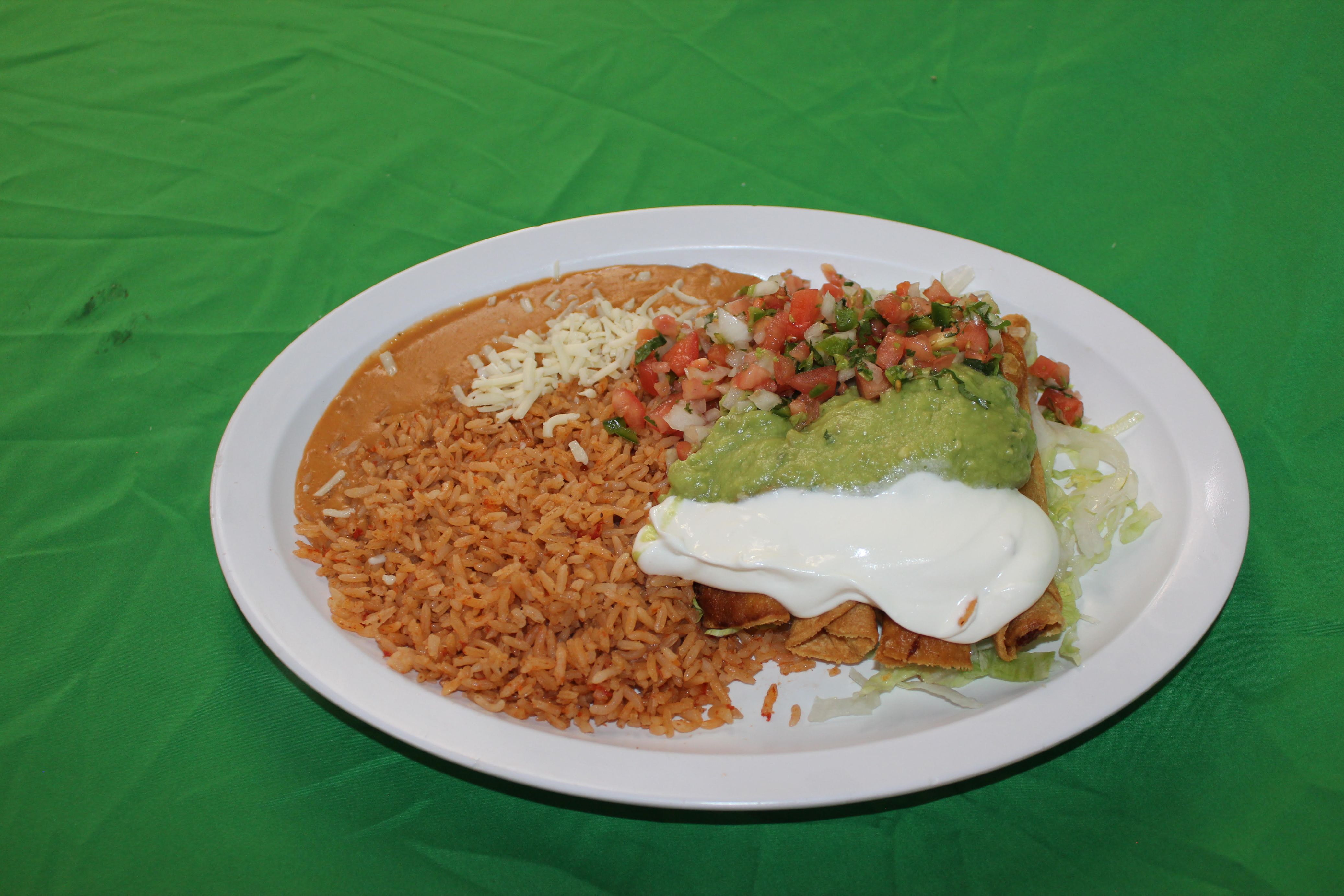 Order Flautas Dinner Plate food online from Taqueria Los Gallos store, Concord on bringmethat.com