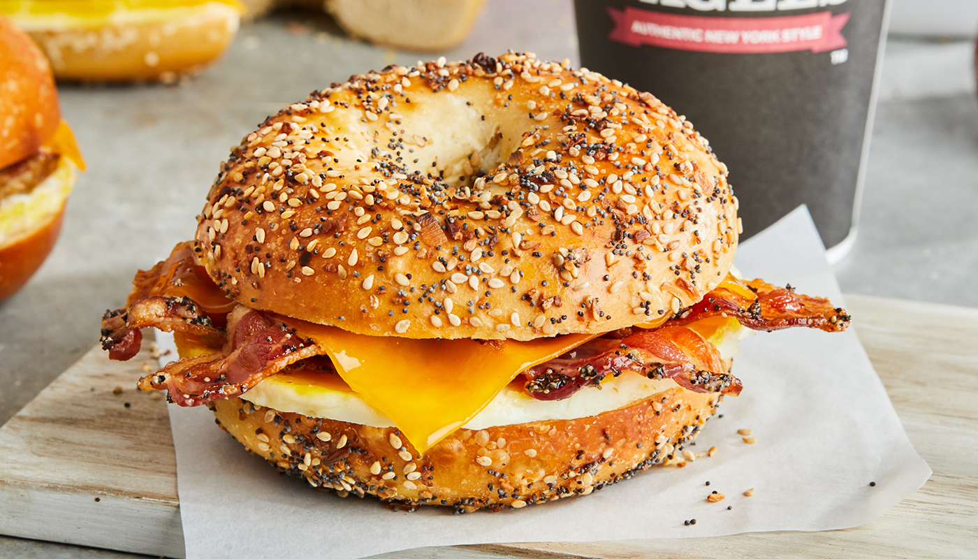 Order Egg, Peppered Bacon & Cheese Sandwich food online from Bruegger's Bagels store, Durham on bringmethat.com