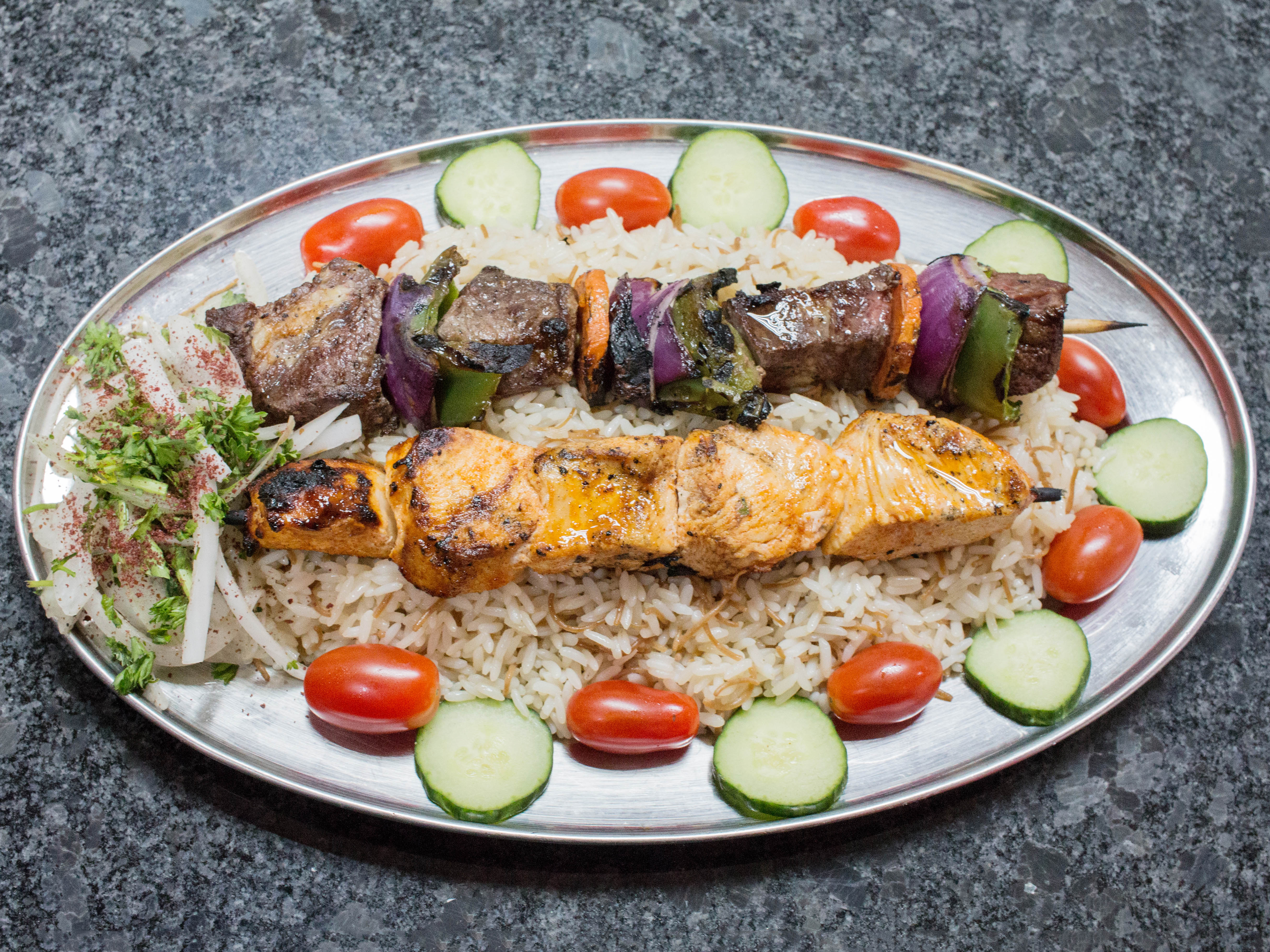 Order Mixed-Grille Combo Platter food online from Mike's Kabob Grille Inc store, Detroit on bringmethat.com