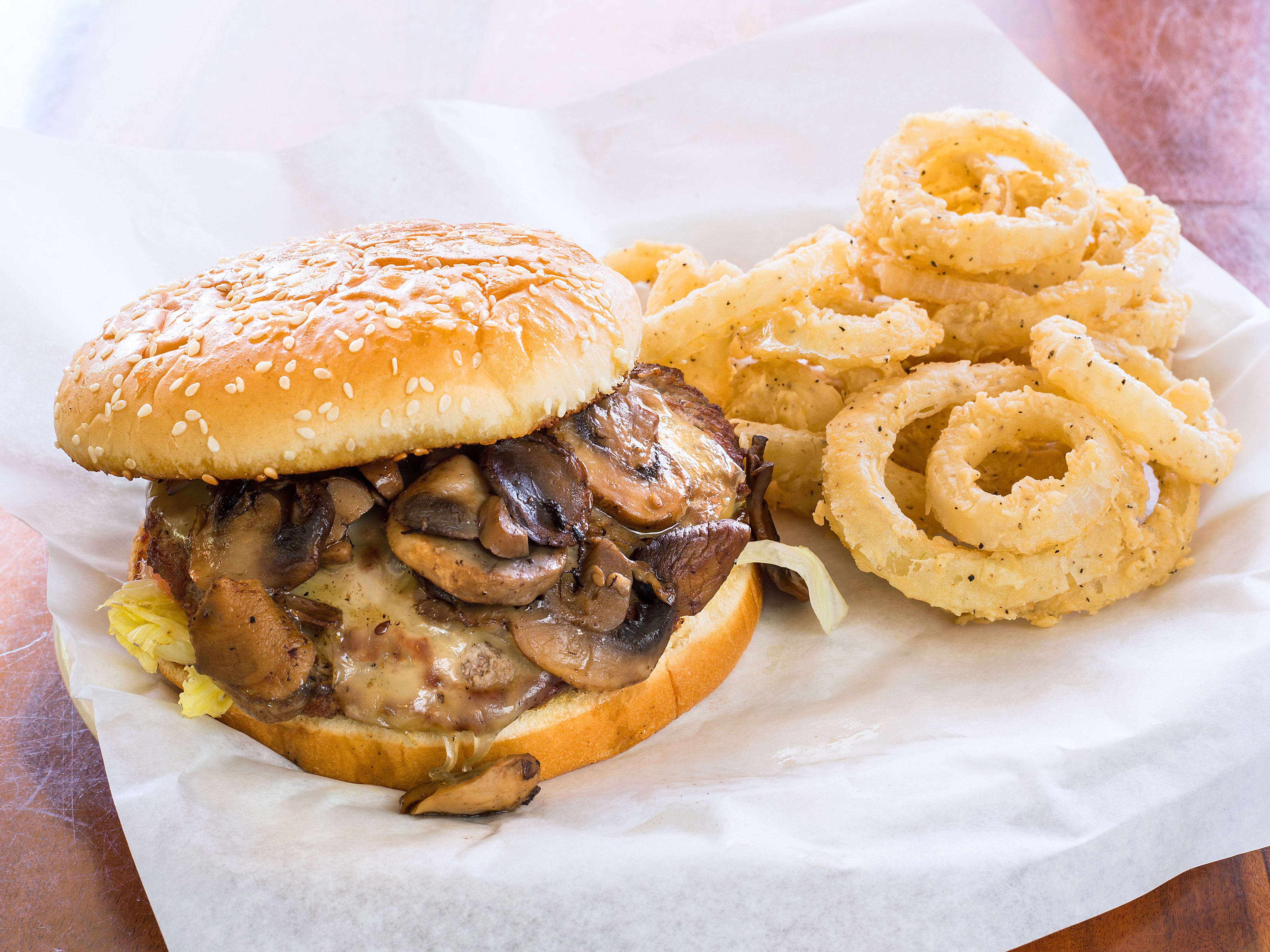 Order Mushroom and Swiss Burger food online from Babe Old Fashioned Food store, San Antonio on bringmethat.com