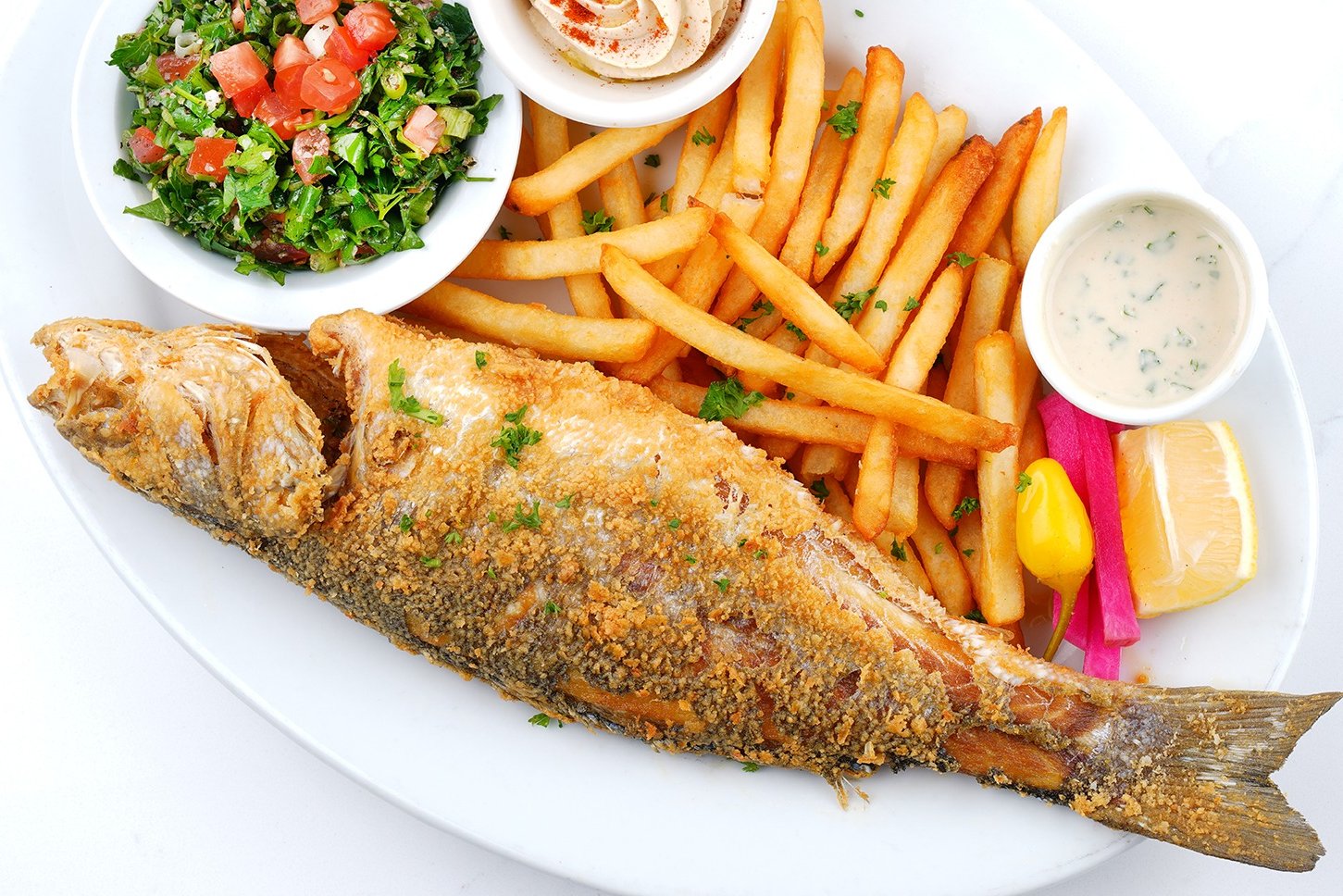 Order Mediterranean Whole Sea Bass Plate food online from Tarme Mediterranean Grill store, Glendale on bringmethat.com