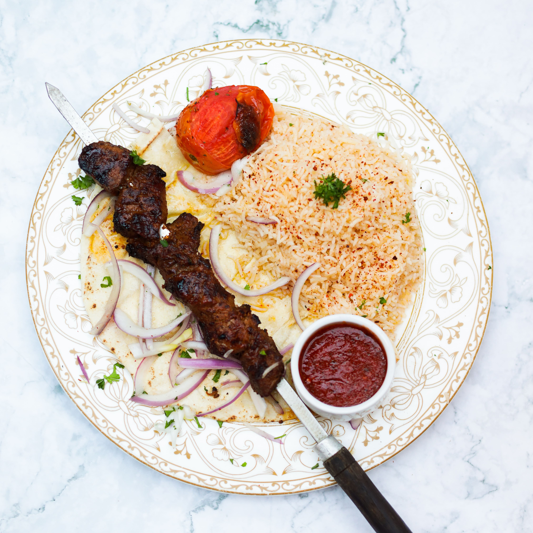 Order Filet Mignon Kabob food online from Olive And Grill store, Studio City on bringmethat.com