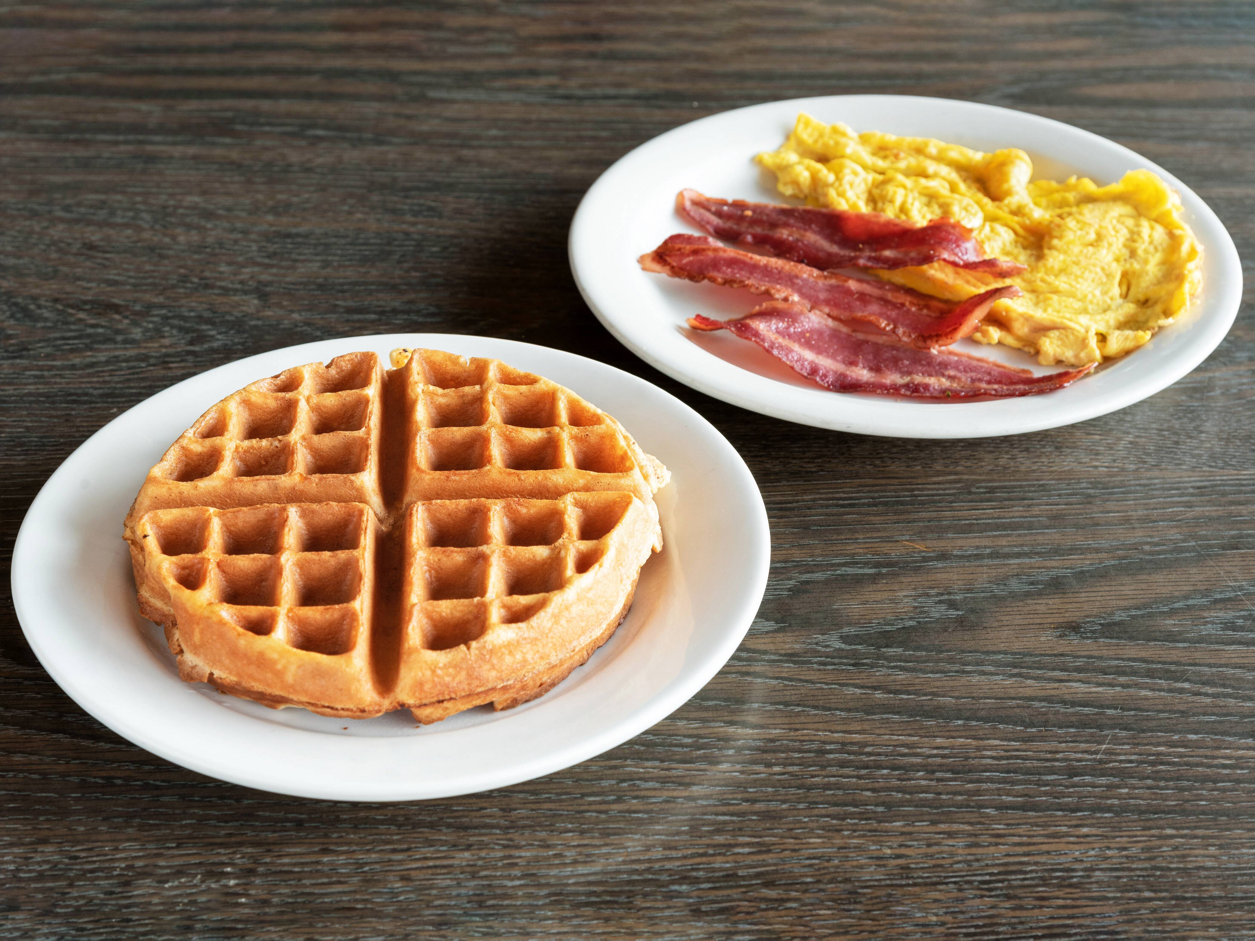 Order #8. Belgian Waffles and 2 Eggs and choice of meat food online from Brothers deli restaurant store, Mattapan on bringmethat.com