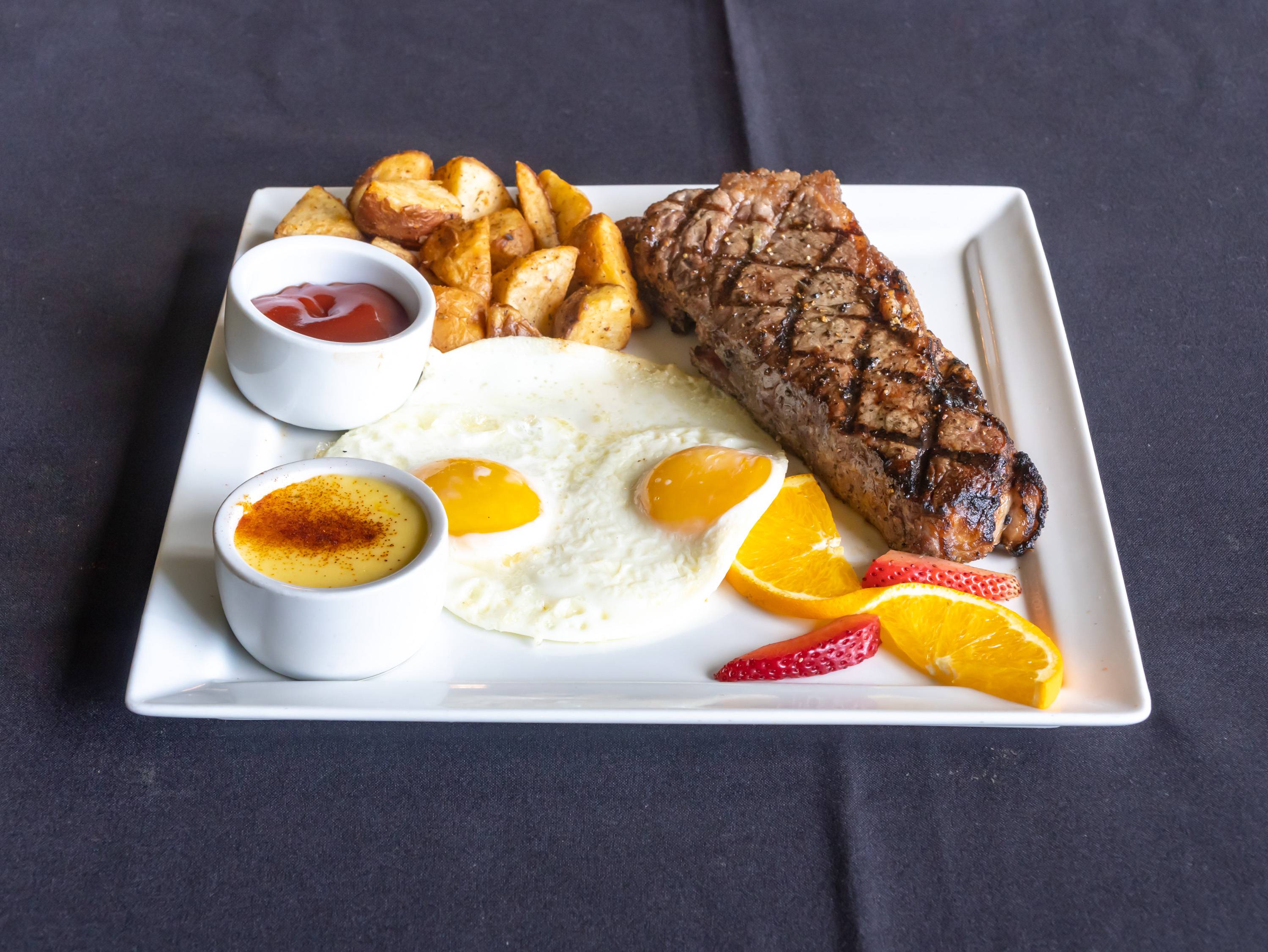 Order New York Steak 14 oz. and Eggs food online from Red Restaurant & Bar store, City of Industry on bringmethat.com