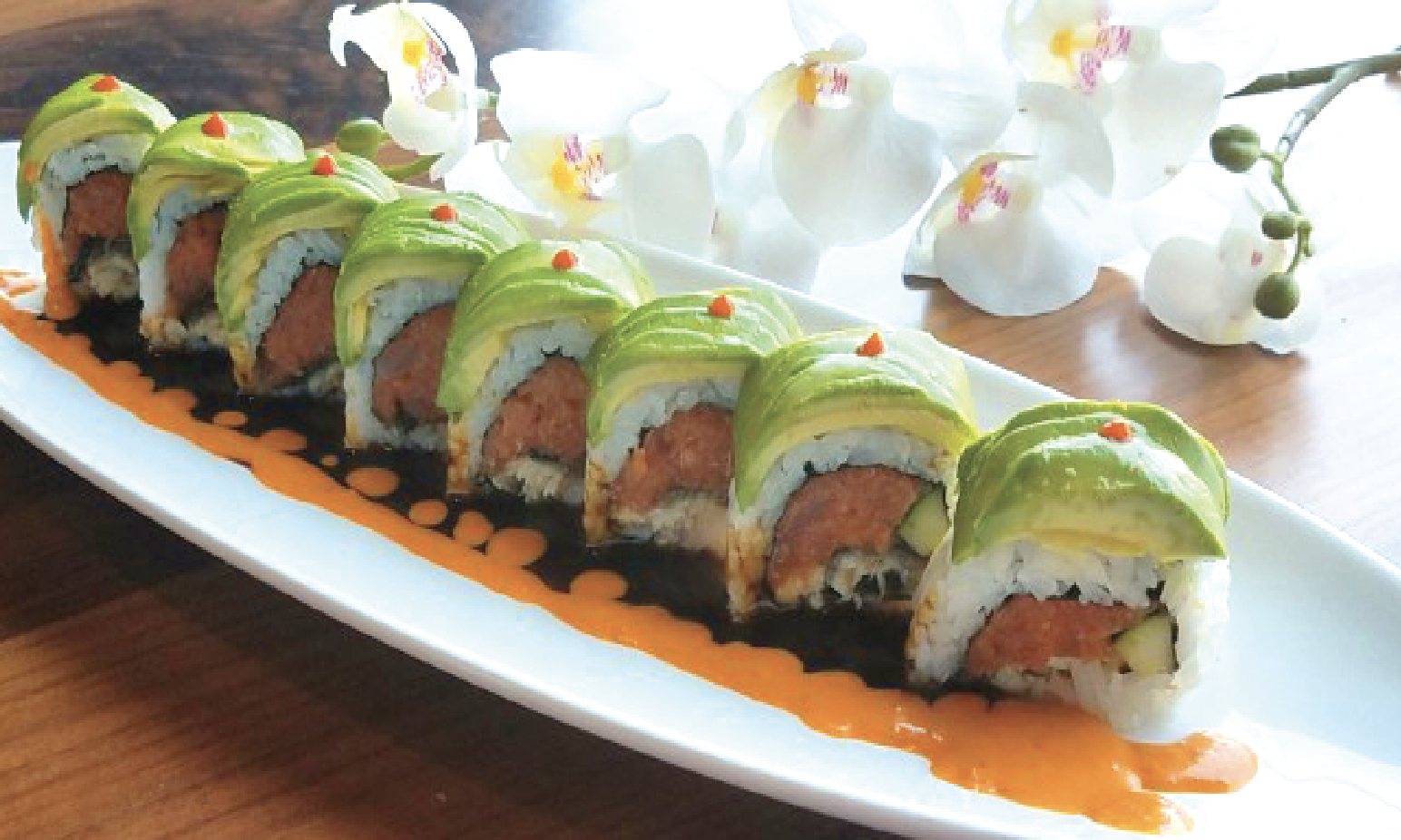 Order Spicy Caterpillar Roll food online from Tenno Sushi store, Los Angeles on bringmethat.com