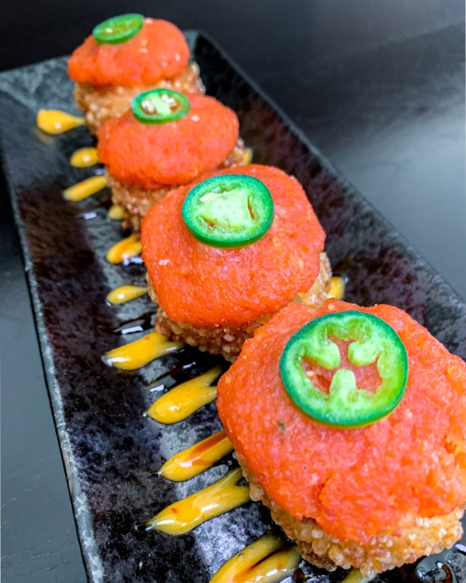 Order Spicy Tuna over Crispy Rice (4pcs) food online from Asakuma Sushi Delivery store, Los Angeles on bringmethat.com
