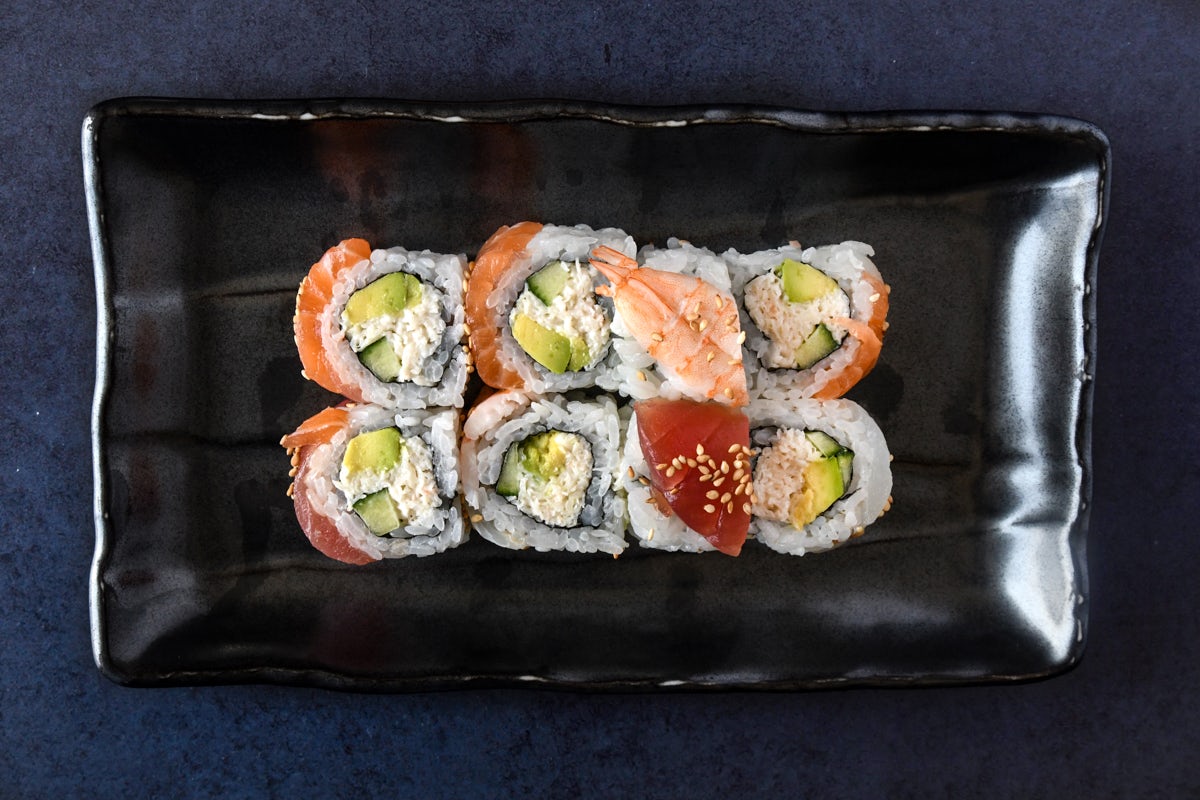 Order *RAINBOW ROLL food online from Blue Sushi Sake Grill store, Denver on bringmethat.com