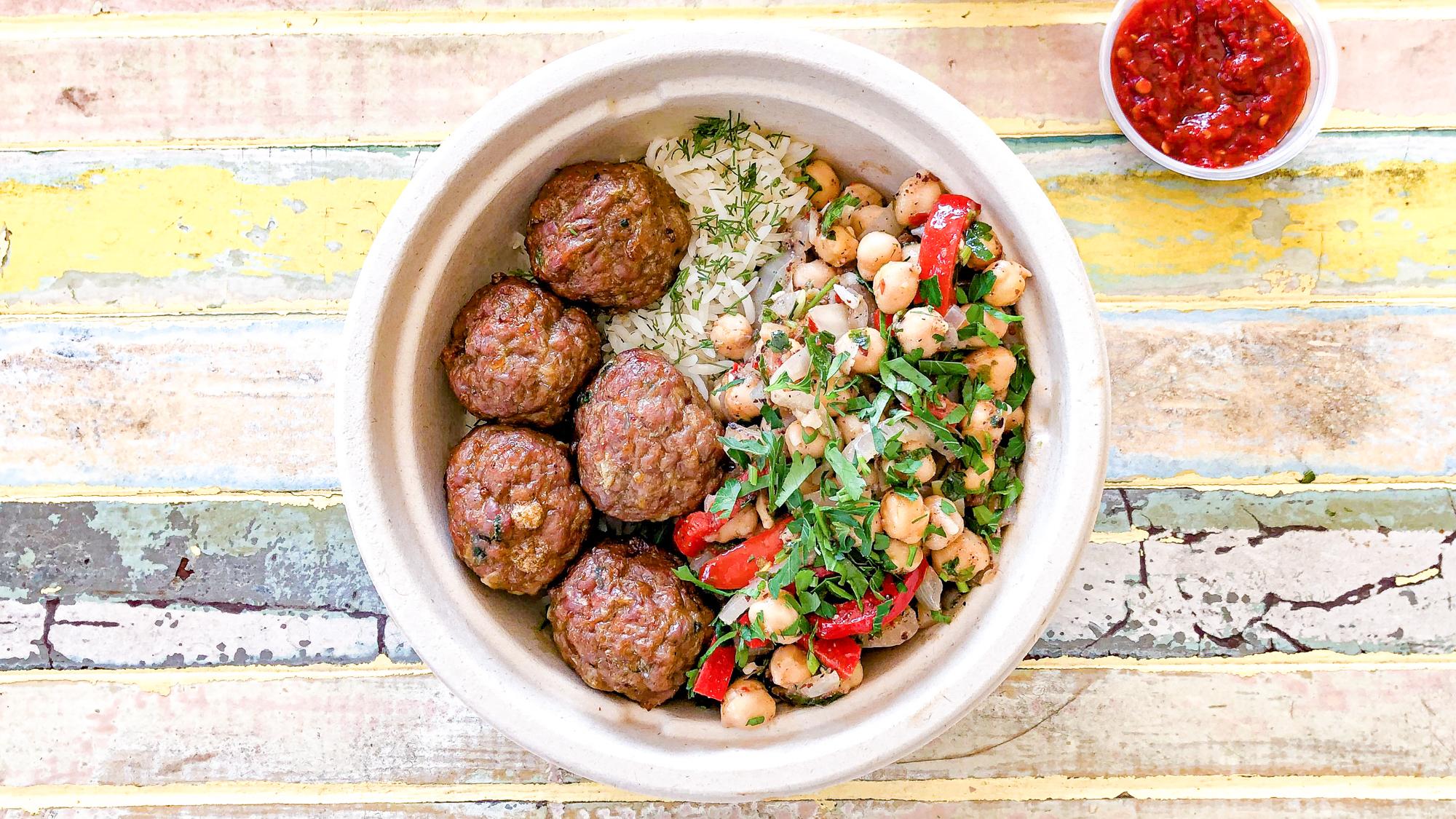 Order Butcher's Kofte (Meatball) Rice Bowl food online from Saucy Greens Salad Shop store, San Francisco on bringmethat.com