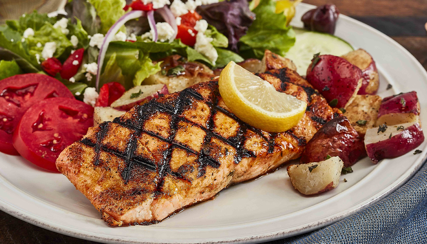 Order Grilled Salmon Family Feast for 6 food online from Taziki Mediterranean Café store, Knoxville on bringmethat.com