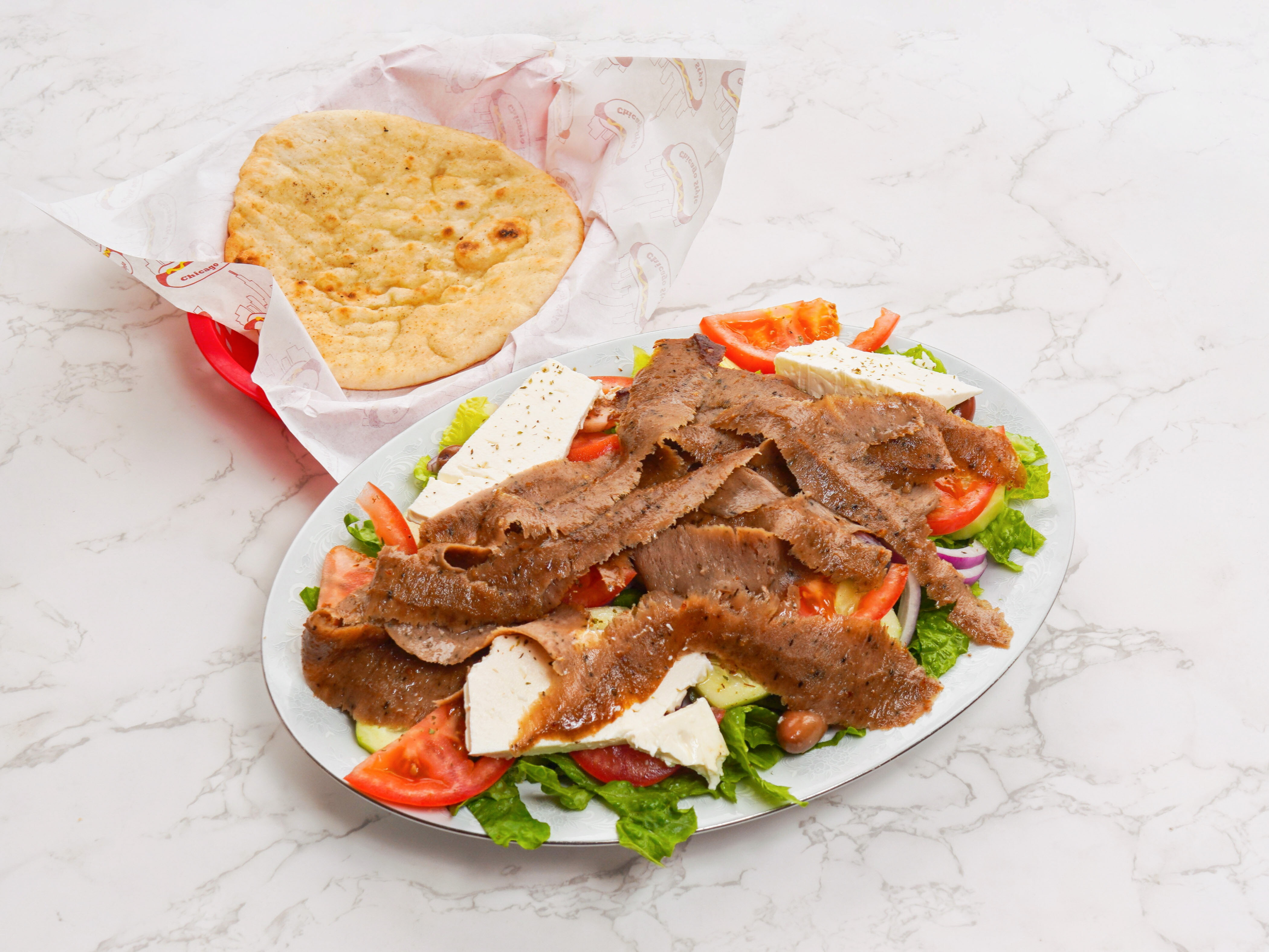 Order Large Greek Salad with Gyros Meat food online from Eastern Style Pizza store, Chicago on bringmethat.com