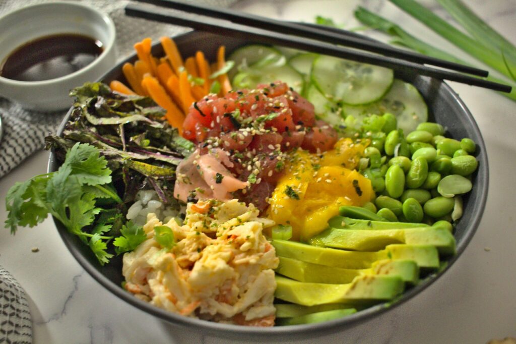 Order A-4. Premium poke Bowl (5 Proteins) food online from Tako Poke store, Hermosa Beach on bringmethat.com
