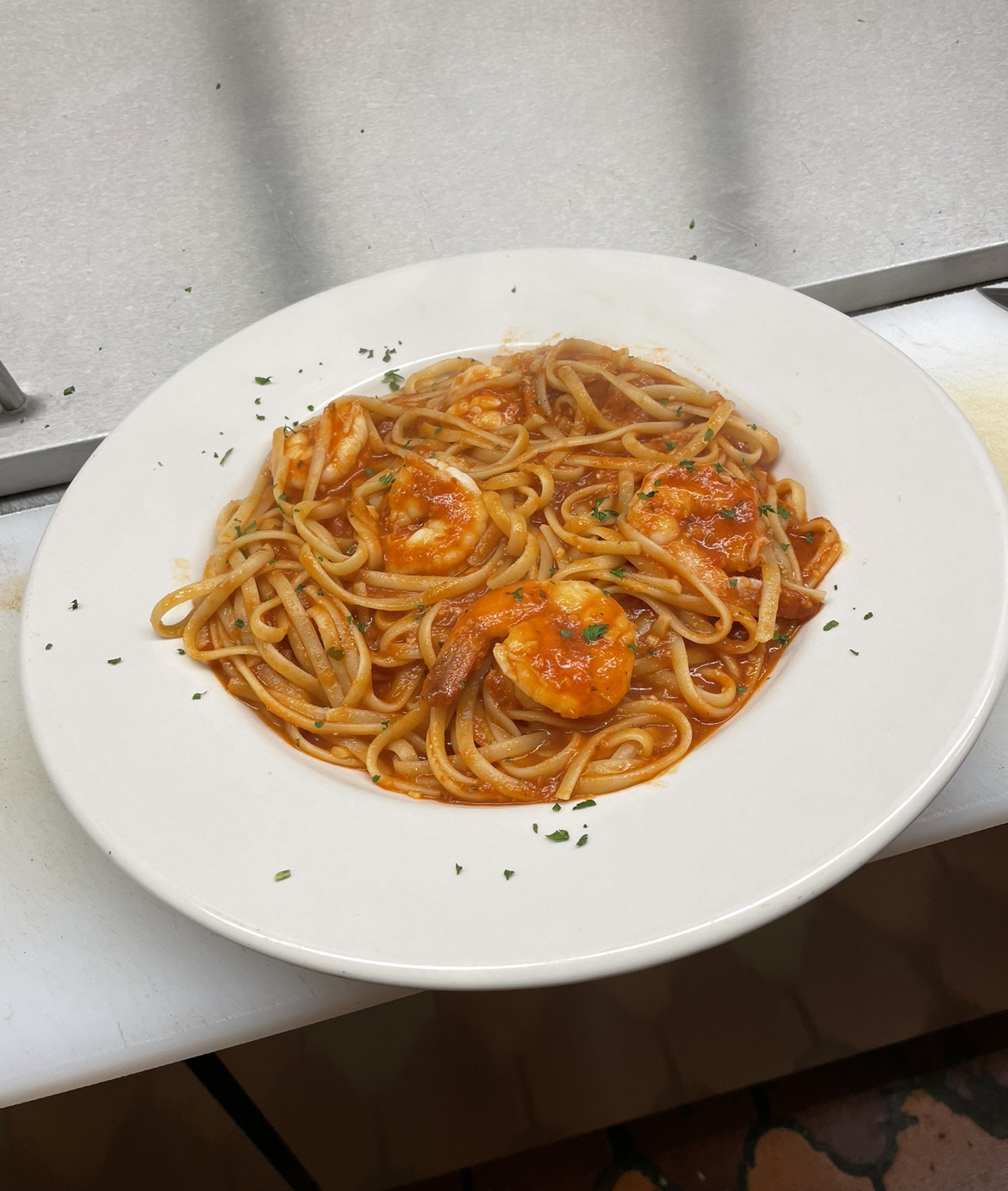 Order Shrimp Marinara Over Linguini food online from Dino Italian Restaurant store, Wilkes-Barre on bringmethat.com