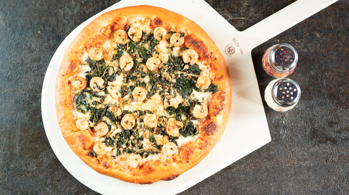 Order Scampi-n-Spinach Pizza food online from Buono Authentic Pizzeria store, Long Beach on bringmethat.com