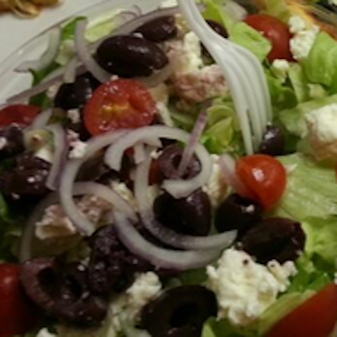 Order Greek Salad food online from Singas Famous Pizza store, Glen Oaks on bringmethat.com