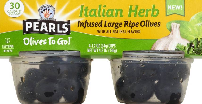 Order Pearls · Italian Herb Infused Large Ripe Olives to Go (4 x 1.2 oz) food online from Jewel-Osco store, Libertyville on bringmethat.com