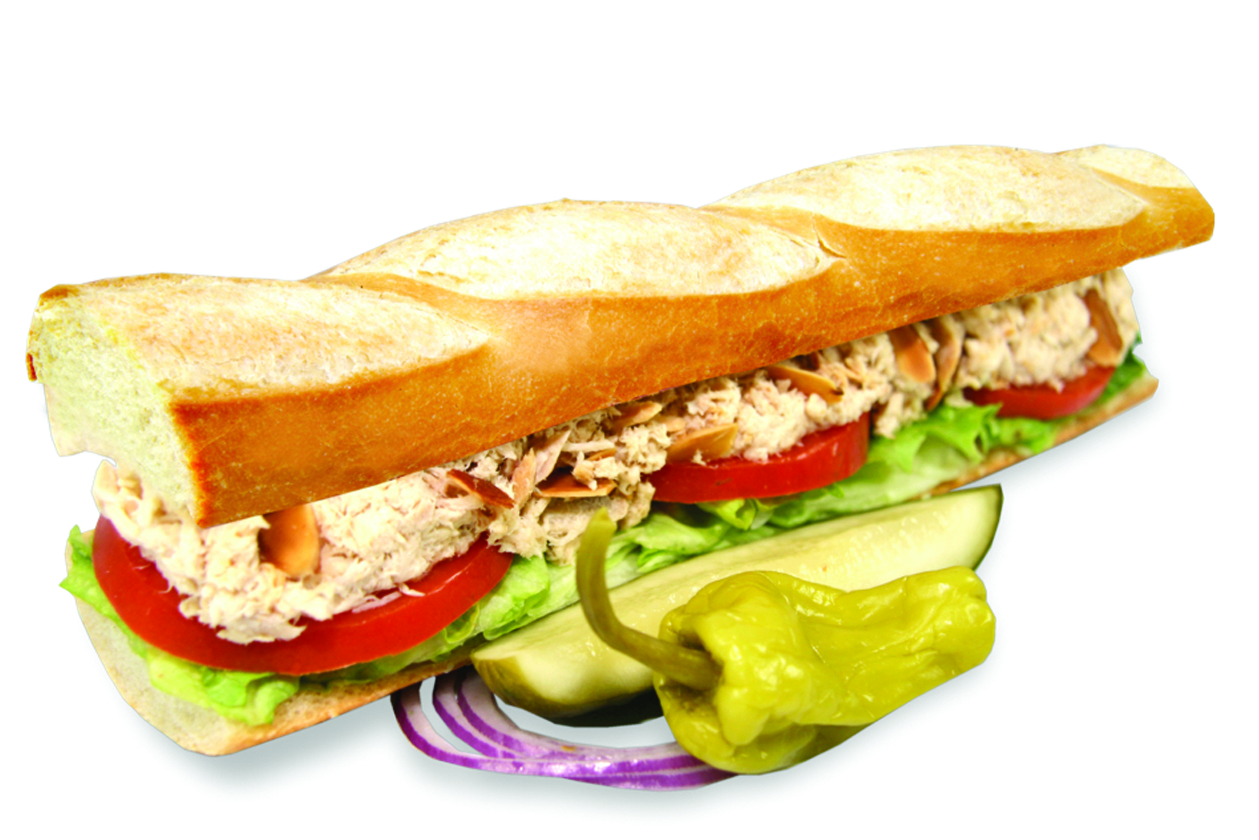 Order #28. Tuna Almond Baguette Sandwich food online from Lees Sandwiches store, Van Nuys on bringmethat.com