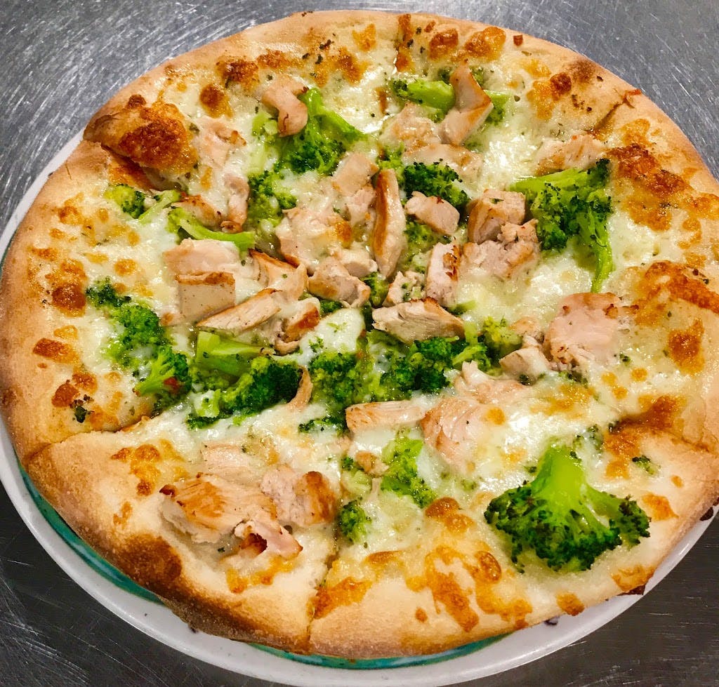 Order White Chicken & Broccoli Pizza - Personal 10" food online from Nicks Diner store, Oneonta on bringmethat.com