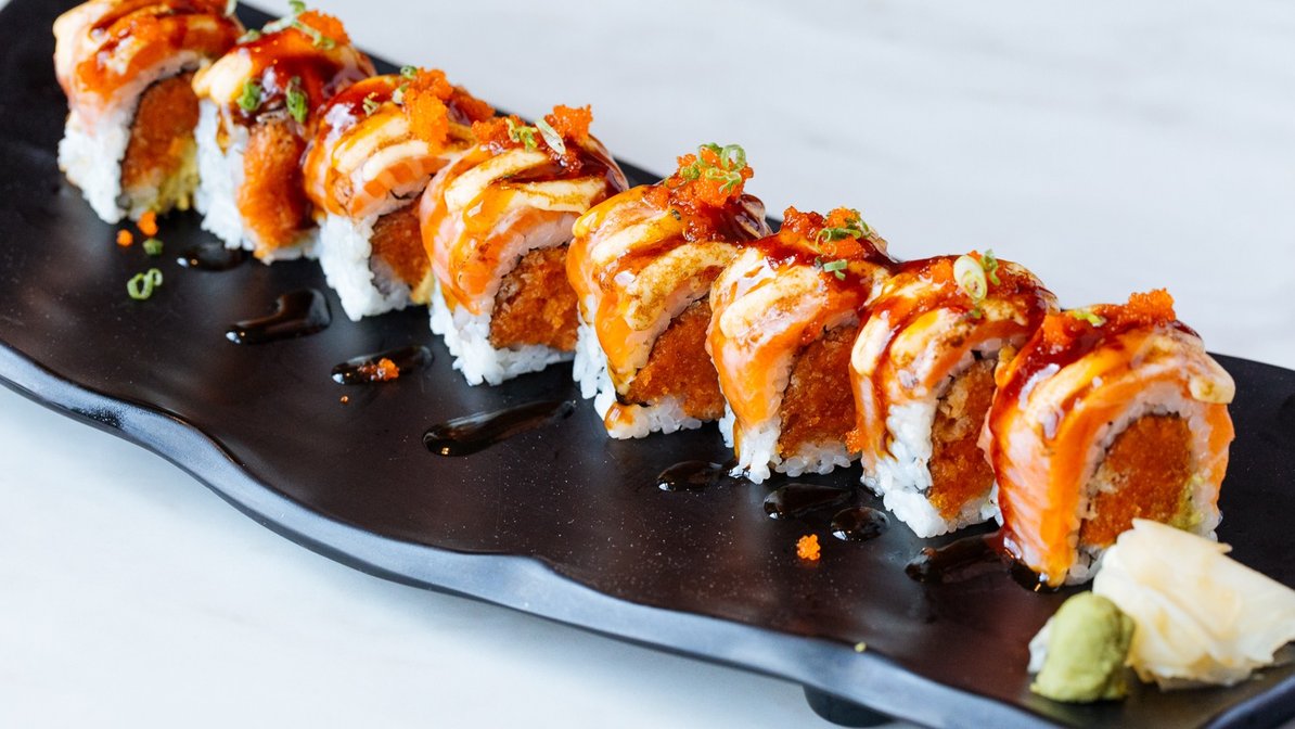 Order 15. Crazy Salmon Roll food online from Megu Sushi store, Moorestown on bringmethat.com