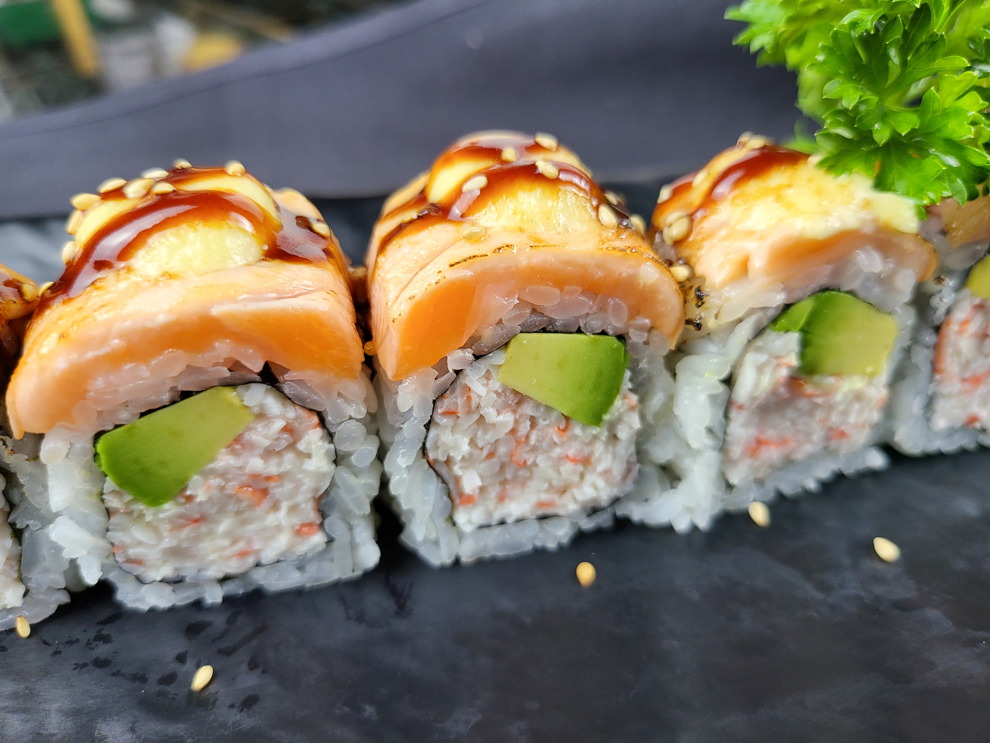 Order Baked Salmon Roll food online from Kaze Sushi & Hibachi store, Mesquite on bringmethat.com