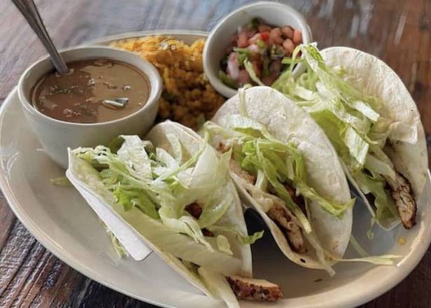 Order Chicken Soft Tacos w/Rice & Beans food online from Cafe Gecko store, Fairview on bringmethat.com
