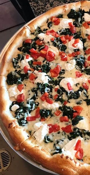 Order White  Spinach & Tomato Pizza - Medium food online from Godfather Italian Grill store, Mays Landing on bringmethat.com