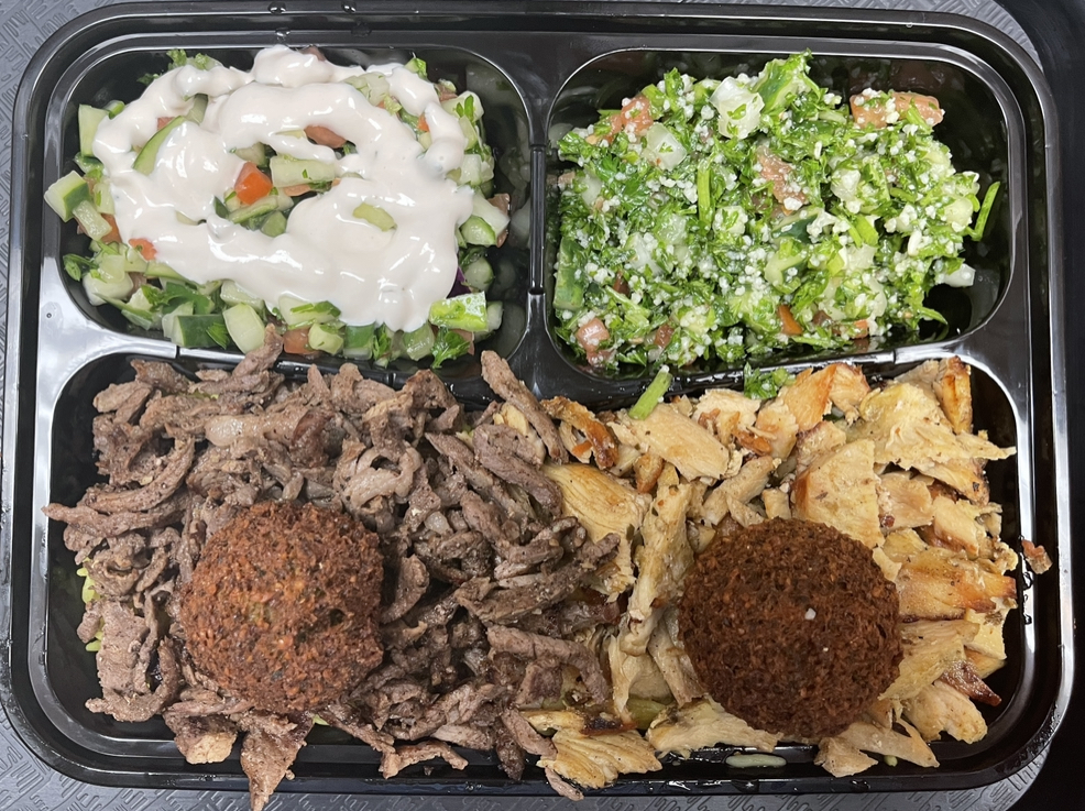 Order Sandstorm Plate ( Steak and Chicken Shawarma and Falafel )  food online from Zam zam middle eastern grill store, Chicago on bringmethat.com