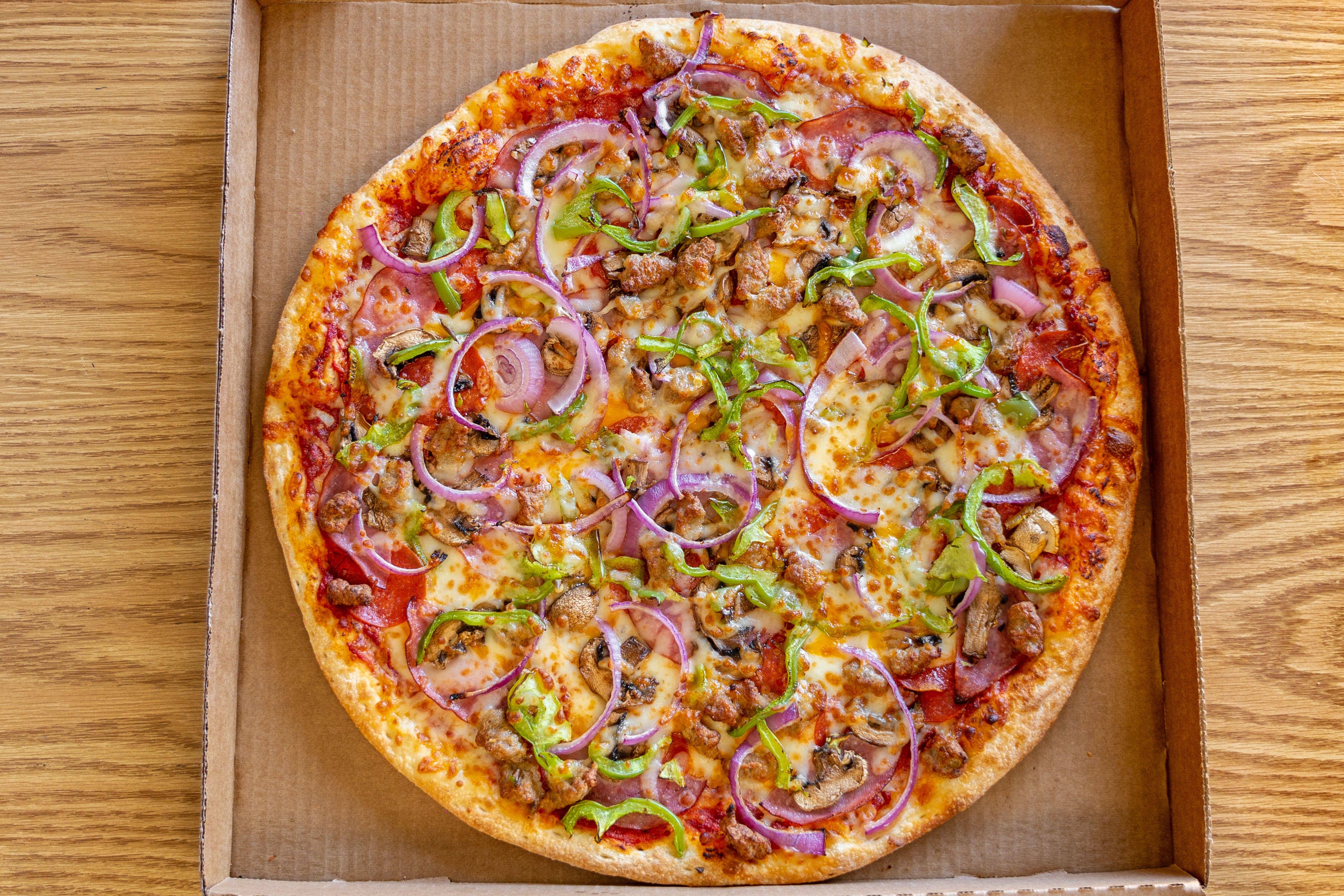 Order The Works Pizza - 8" Personal food online from Pizza Oliva store, Walnut Creek on bringmethat.com