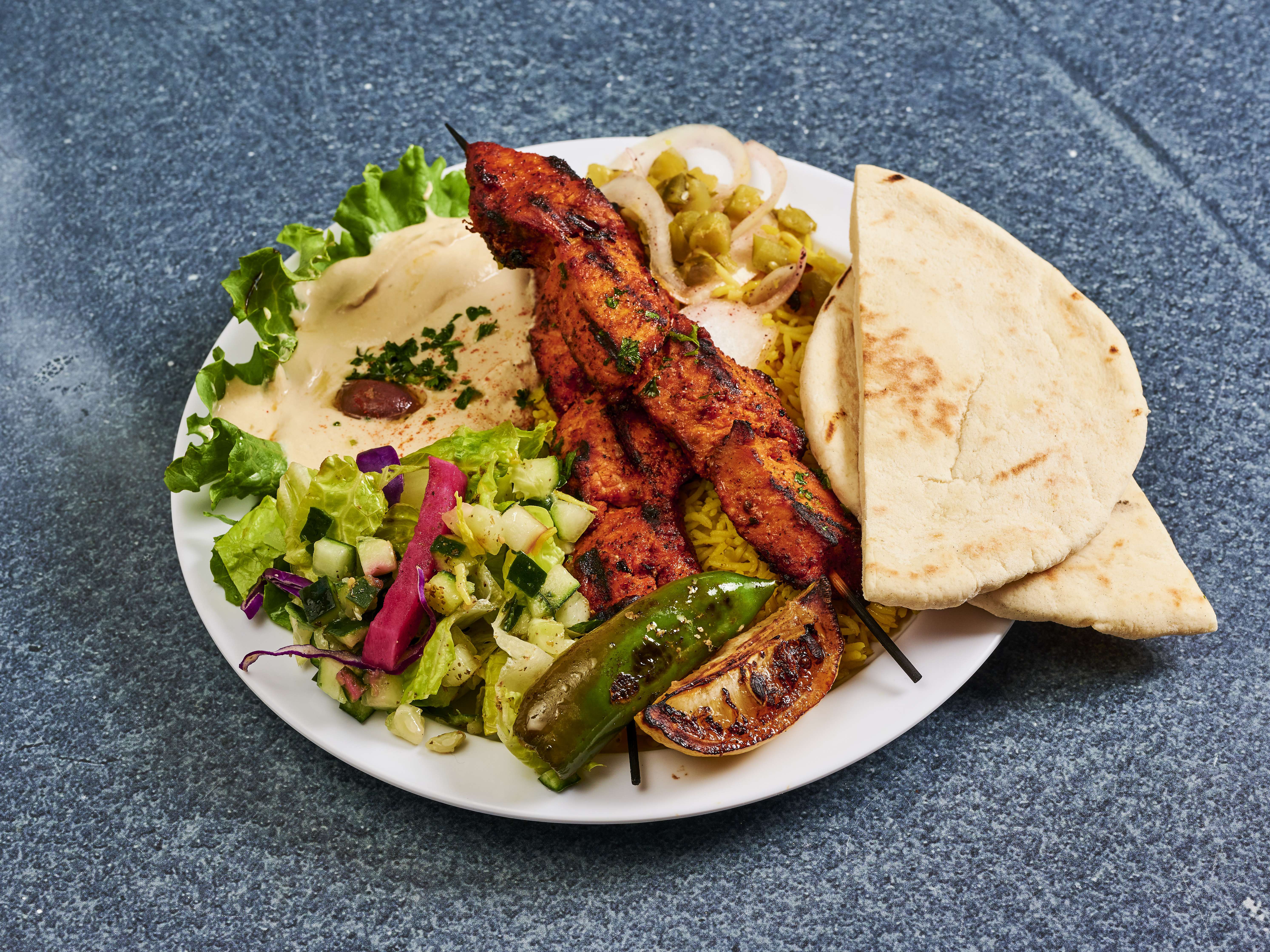 Order Chicken Kabab Rice Plate food online from Falafel Tazah store, San Mateo on bringmethat.com