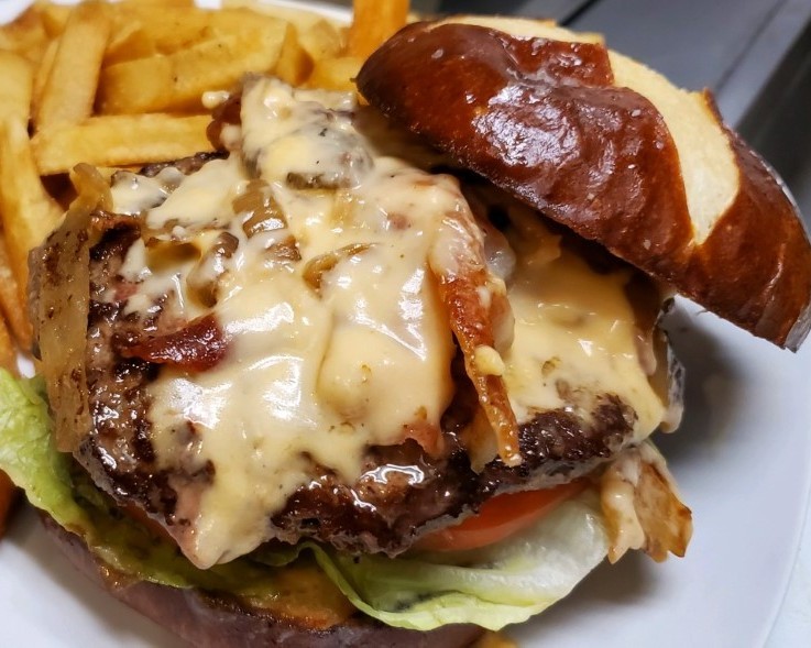 Order Pretzel Pub Burger food online from Knuckles Knockout Grill store, Rochester on bringmethat.com