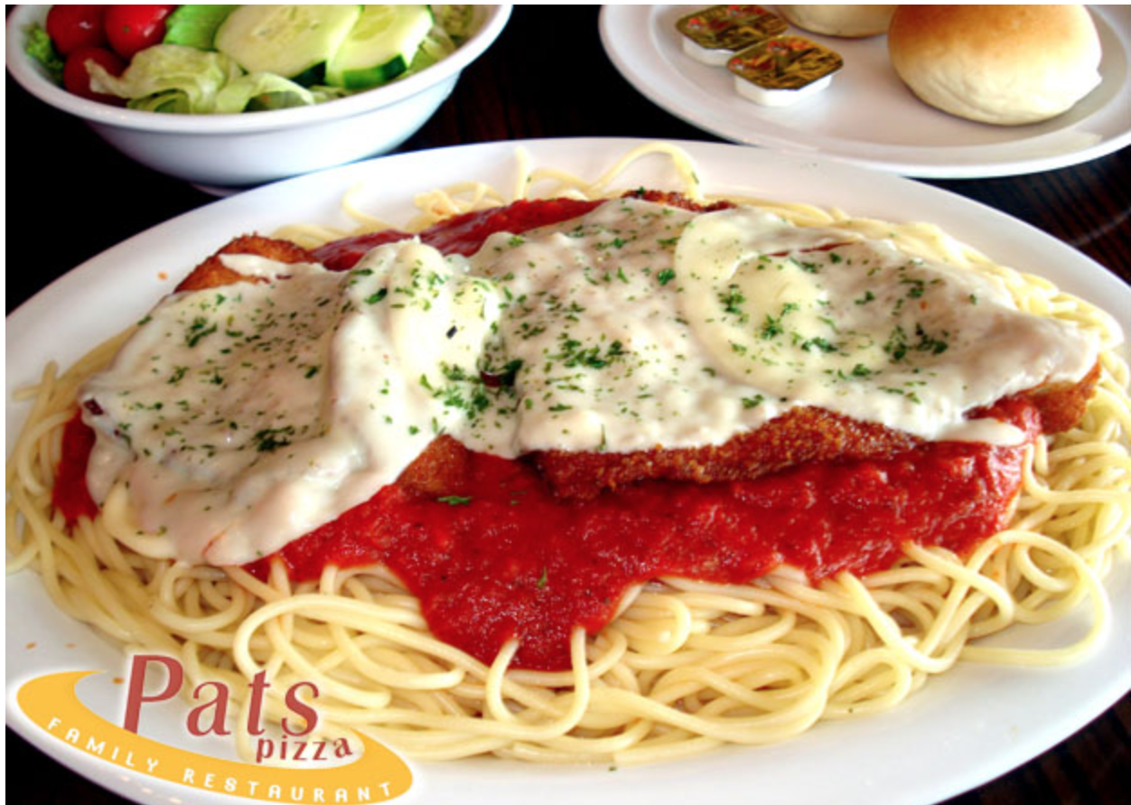 Order Chicken Parmigiana with Spaghetti Dinner food online from Pat Pizza Family Restaurant store, Wilmington on bringmethat.com