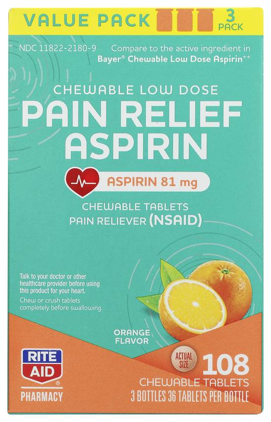 Order Rite Aid Low Dose Aspirin Chewable Tablets Orange 81mg (108 ct) food online from Rite Aid store, Greenville on bringmethat.com