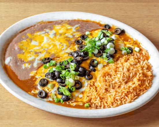 Order Flat Enchiladas (2 pcs), Rice, and Beans food online from Michas G And M Restaurant store, Tucson on bringmethat.com