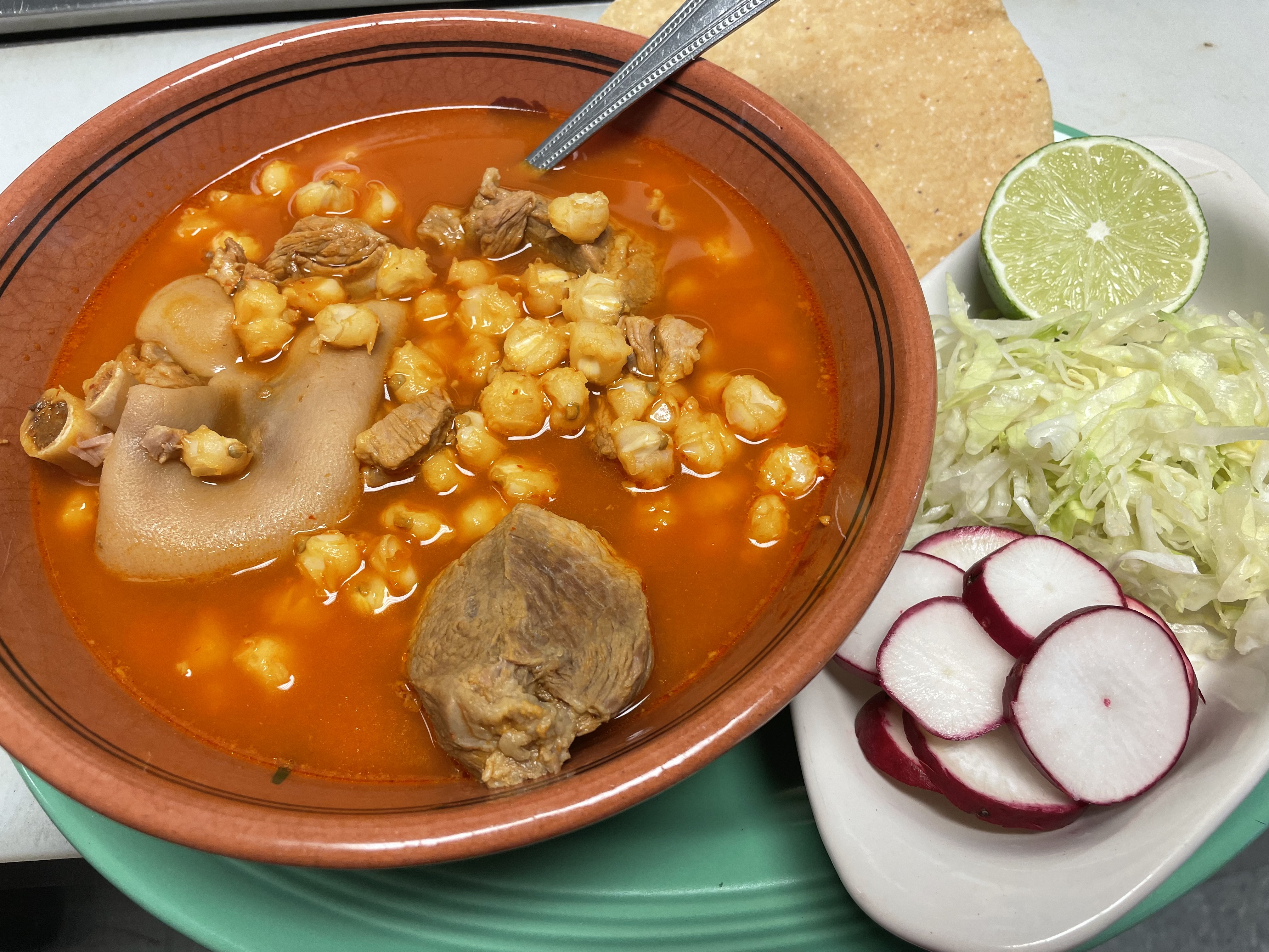 Order POZOLE [Red Pork Soup] food online from Oasis Mexican Grill store, Springdale on bringmethat.com