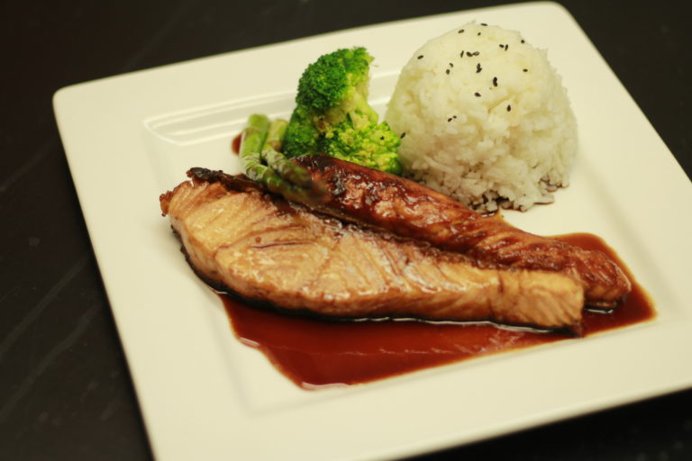 Order Grilled Salmon Teriyaki with Miso Soup food online from Spicy Tuna store, Milwaukee on bringmethat.com