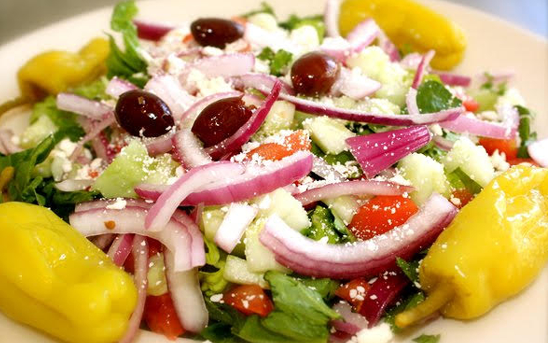 Order Mediterranean Salad food online from Oki Style Dogs & Wraps store, Los Angeles on bringmethat.com
